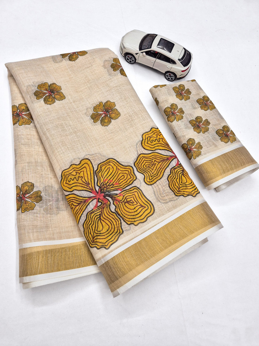 Mustard Linen Floral Print Saree with Zari Border