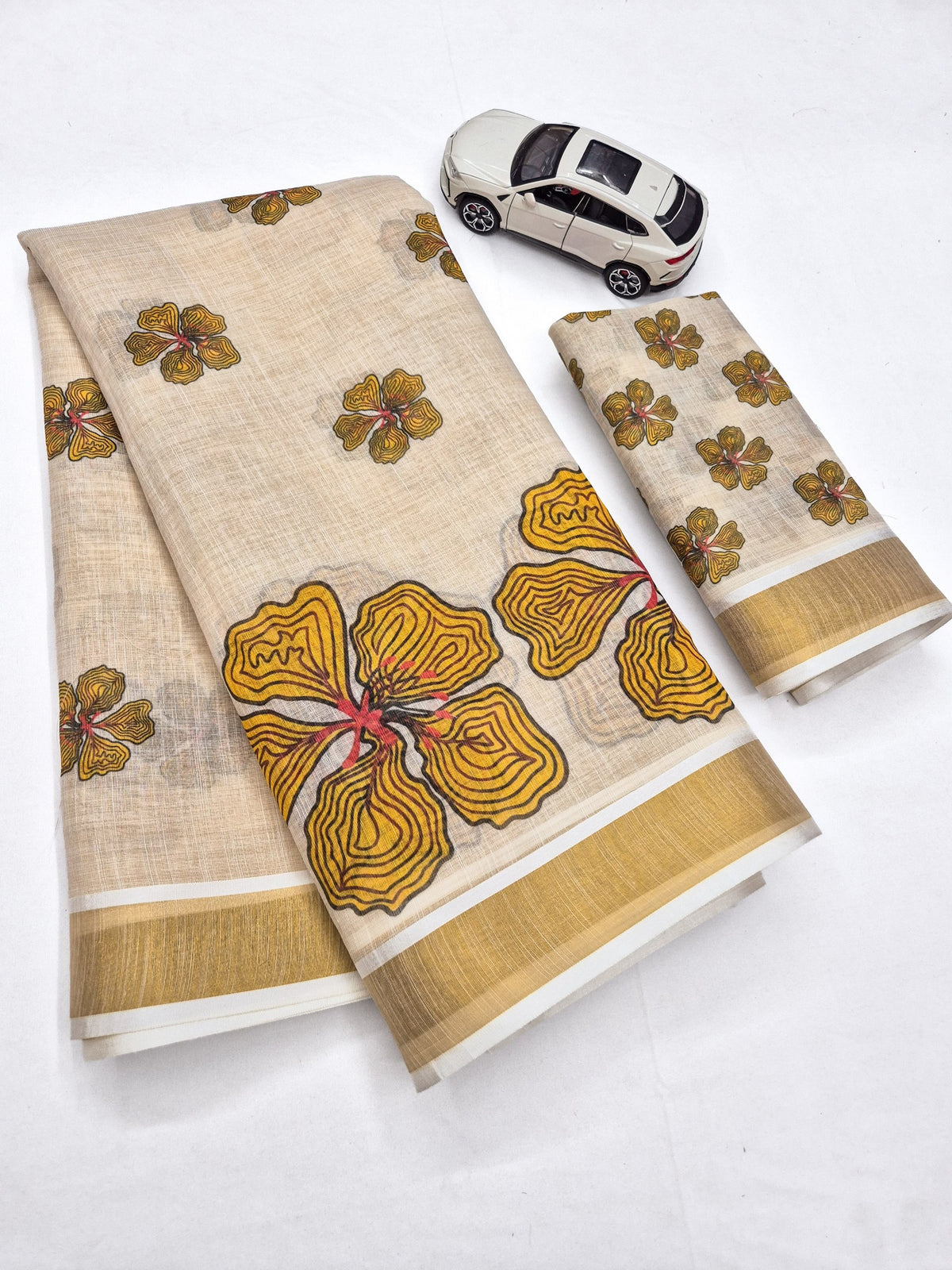 Mustard Linen Floral Print Saree with Zari Border