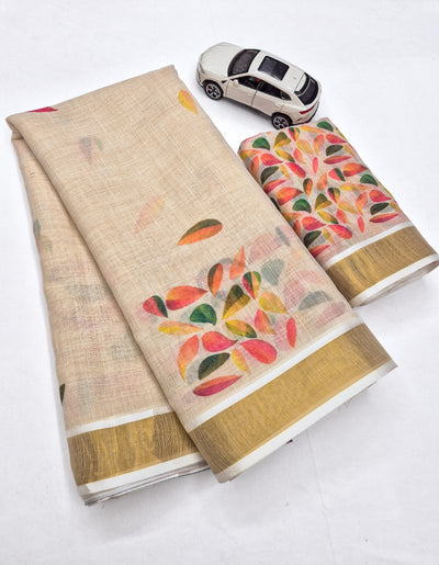 Multicolour Linen Floral Print Saree with Zari Border