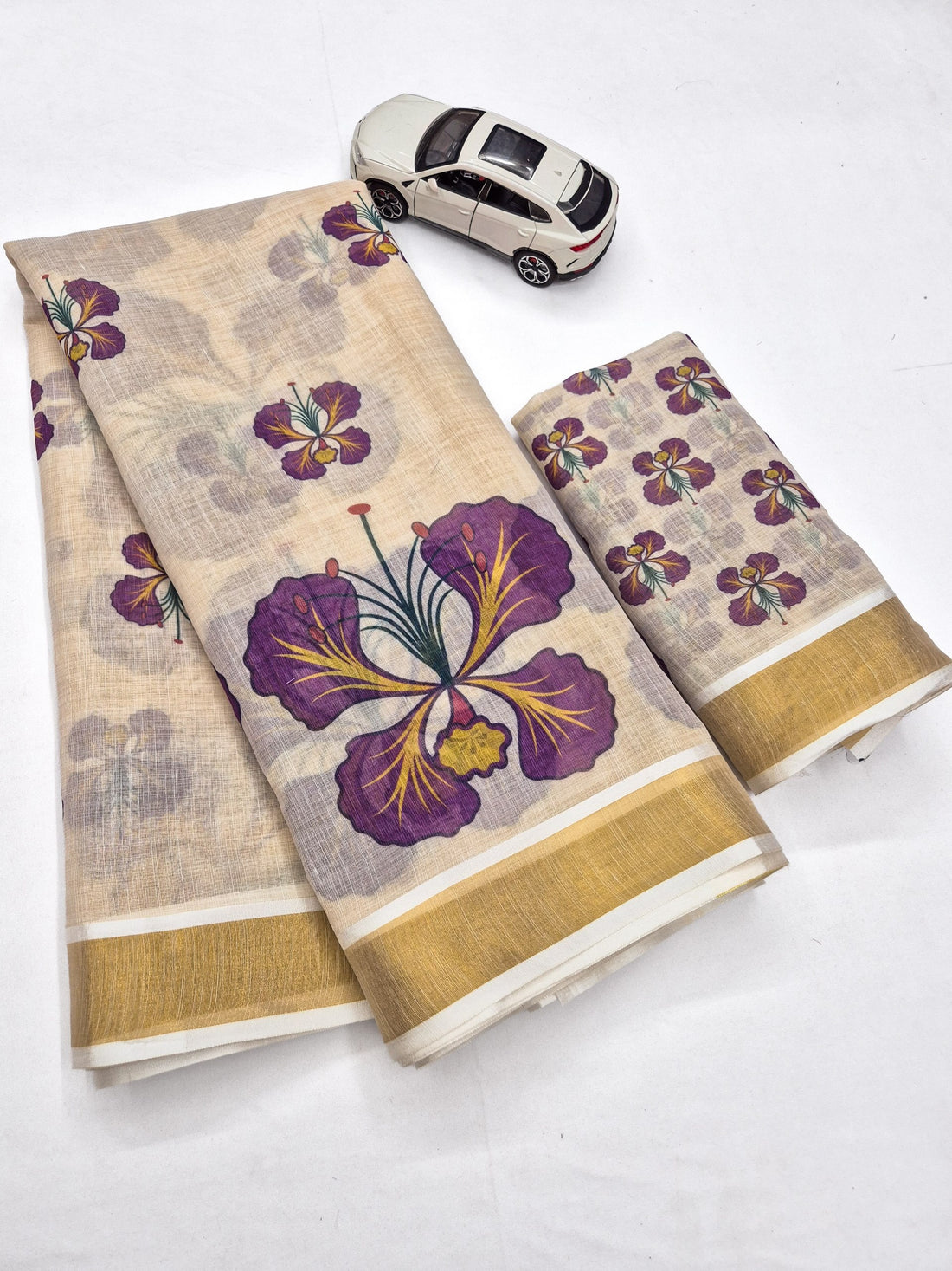 Purple Linen Floral Print Saree with Zari Border