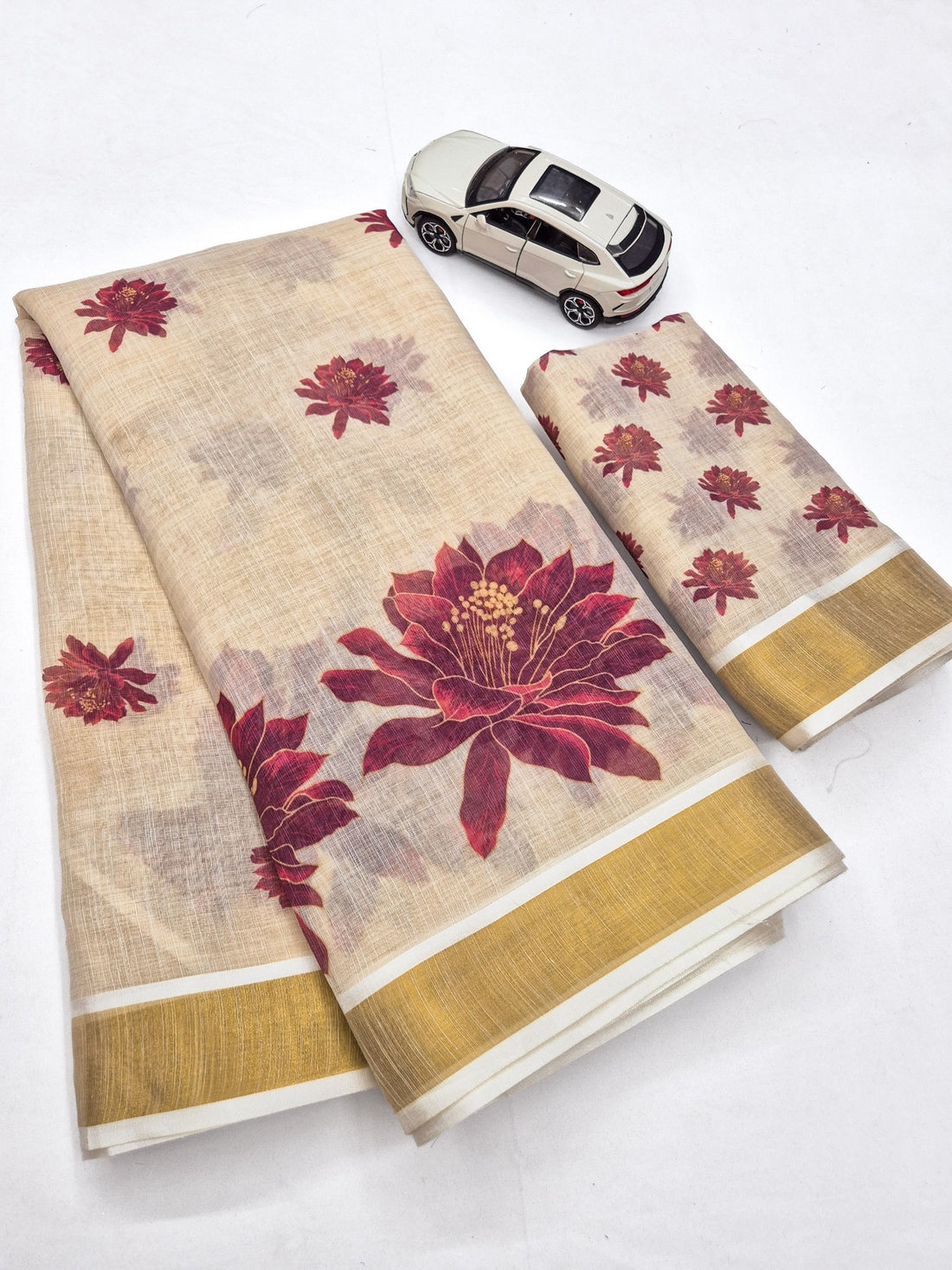 Maroon Linen Floral Print Saree with Zari Border