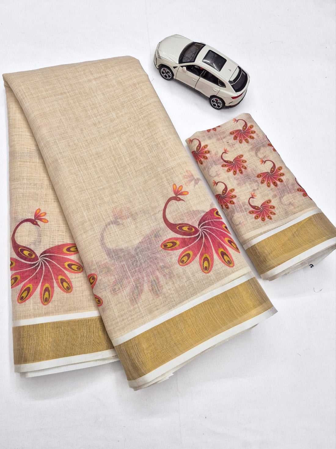 Rose Pink Linen Floral Print Saree with Zari Border