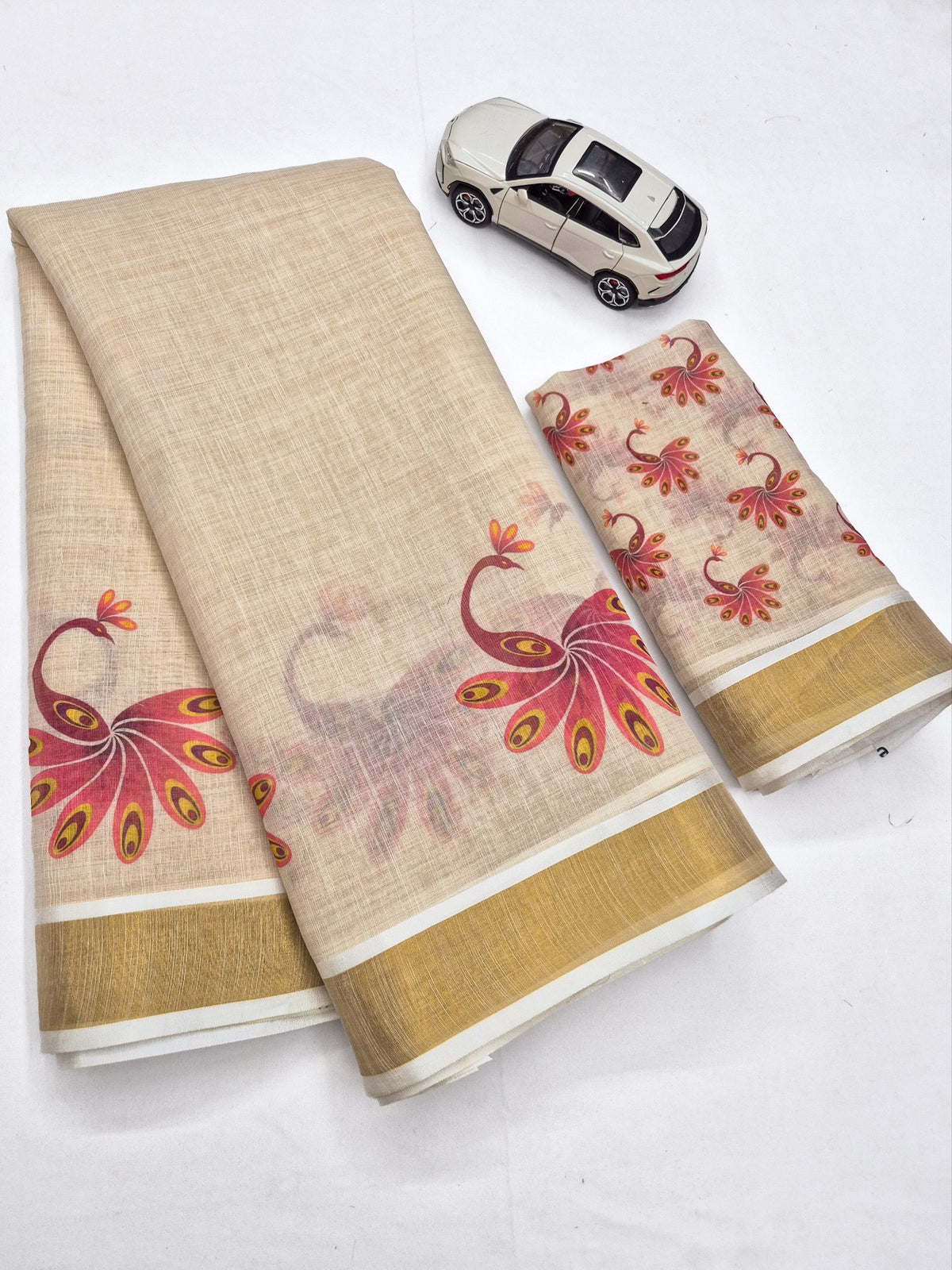 Rose Pink Linen Floral Print Saree with Zari Border
