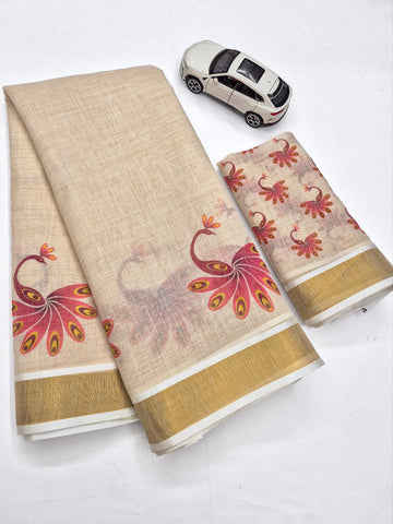 Rose Pink Linen Floral Print Saree with Zari Border