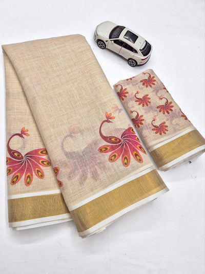 Rose Pink Linen Floral Print Saree with Zari Border