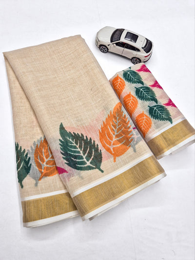Orange and Green Linen Floral Print Saree with Zari Border