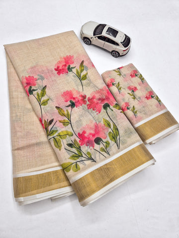 Pink Linen Floral Print Saree with Zari Border