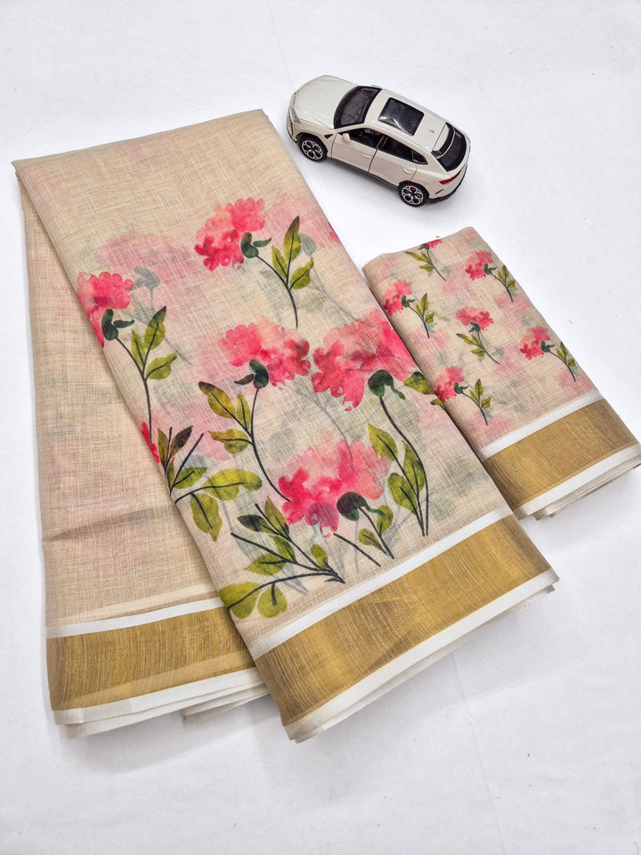 Pink Linen Floral Print Saree with Zari Border