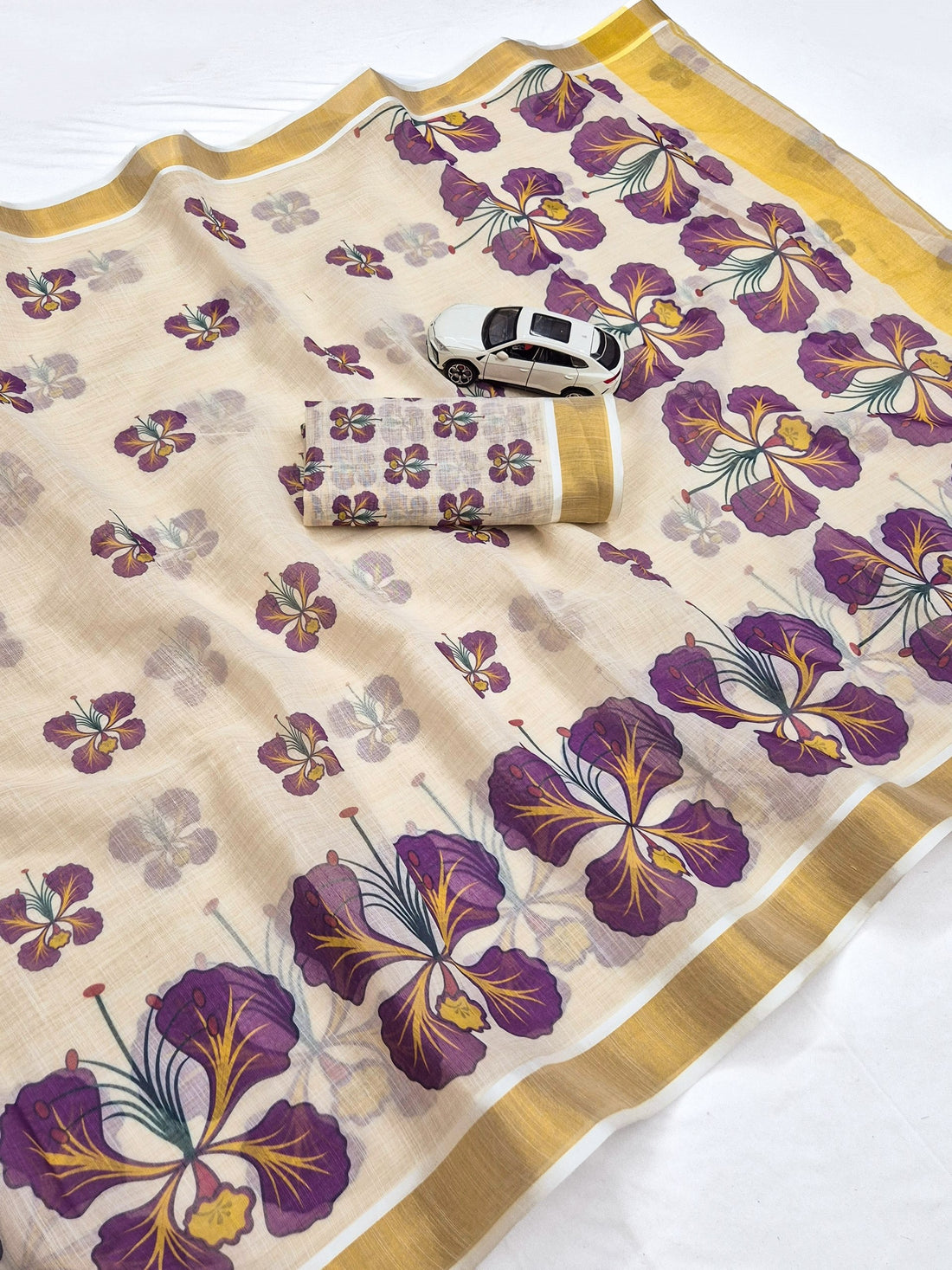 Purple Linen Floral Print Saree with Zari Border