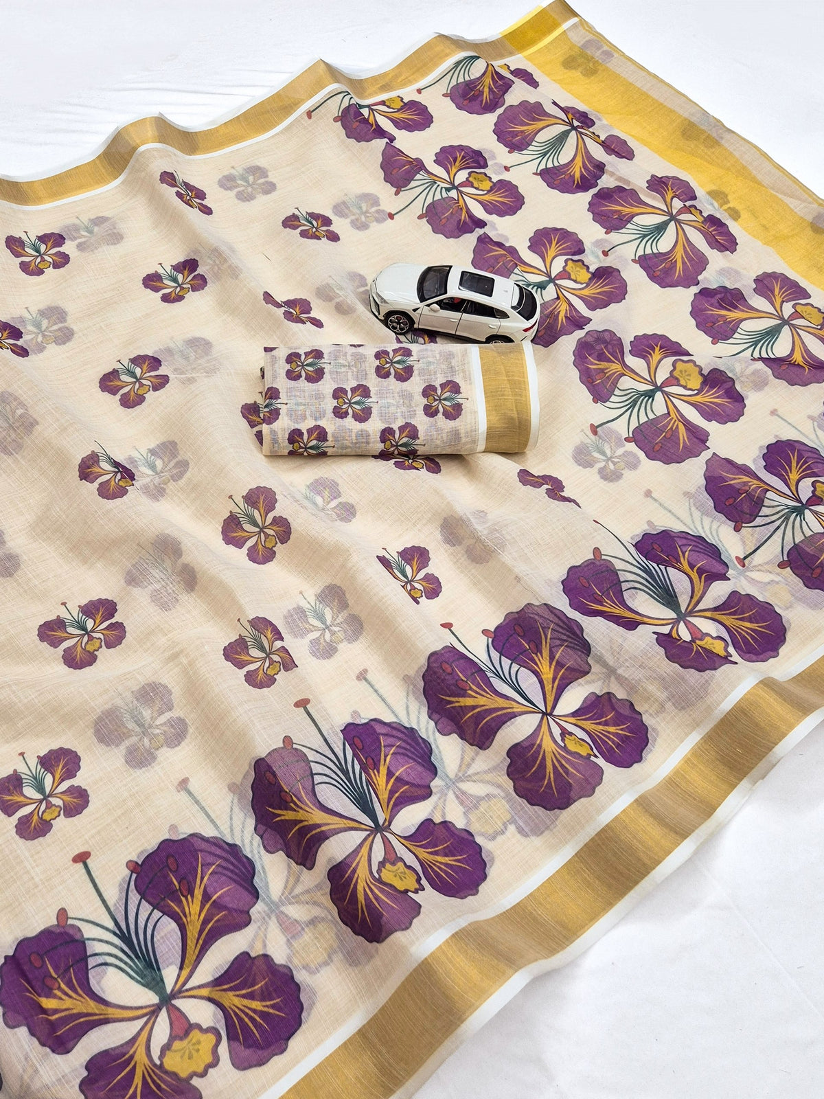 Purple Linen Floral Print Saree with Zari Border, view 2
