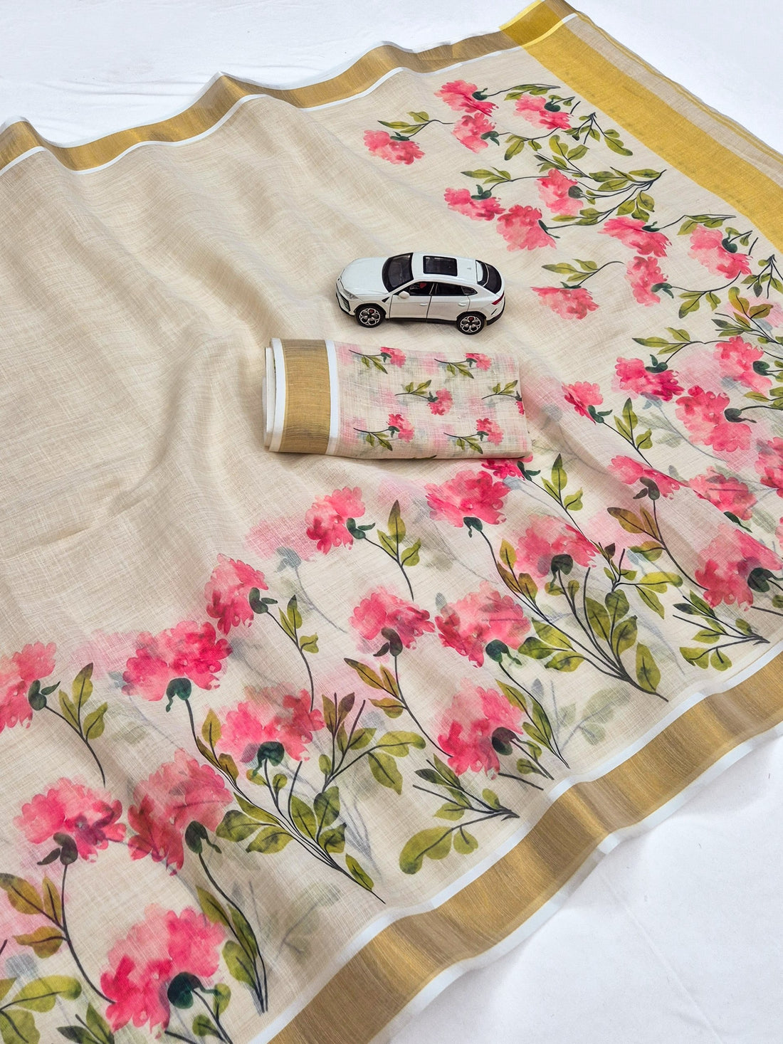 Pink Linen Floral Print Saree with Zari Border