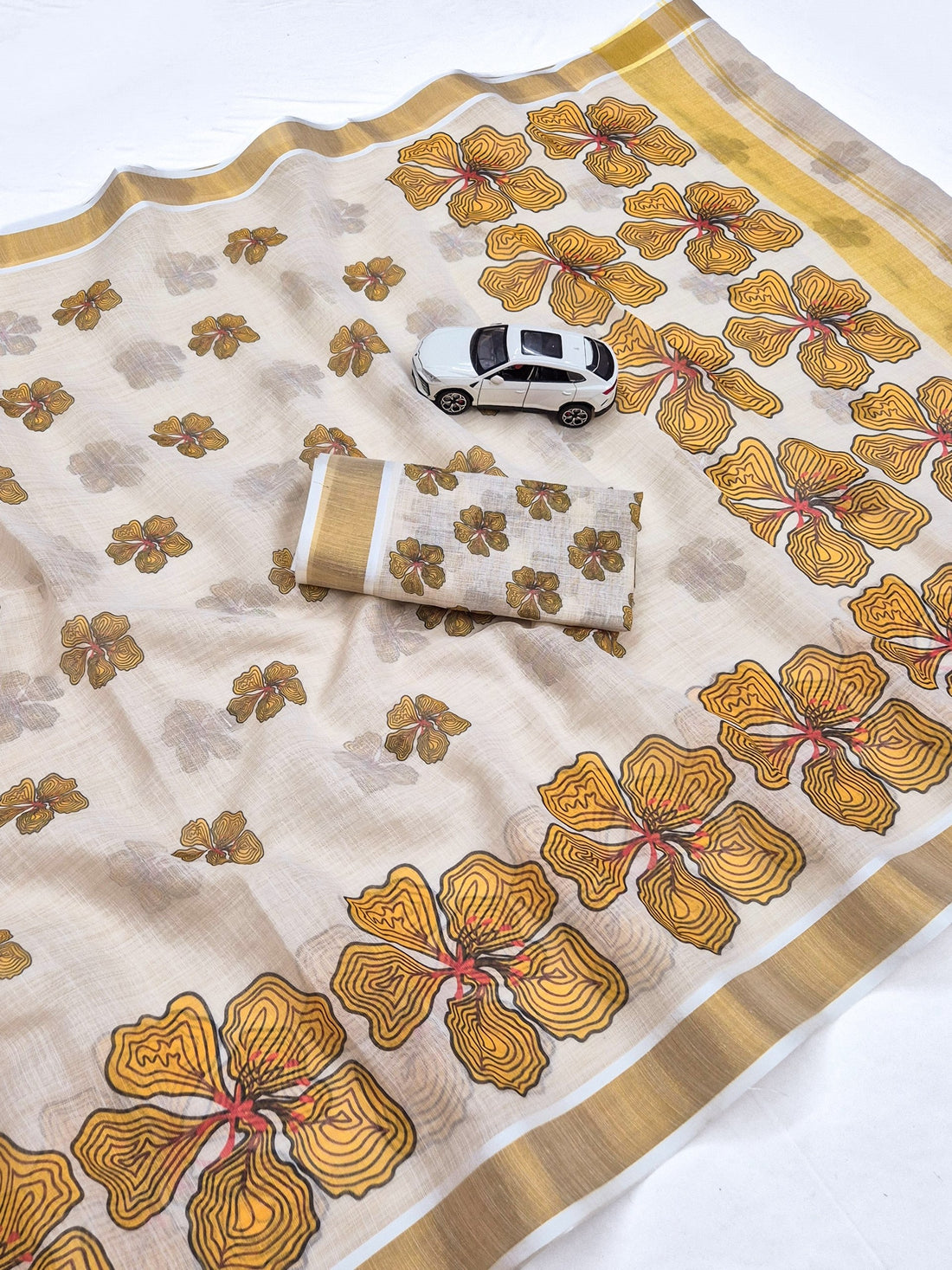 Mustard Linen Floral Print Saree with Zari Border