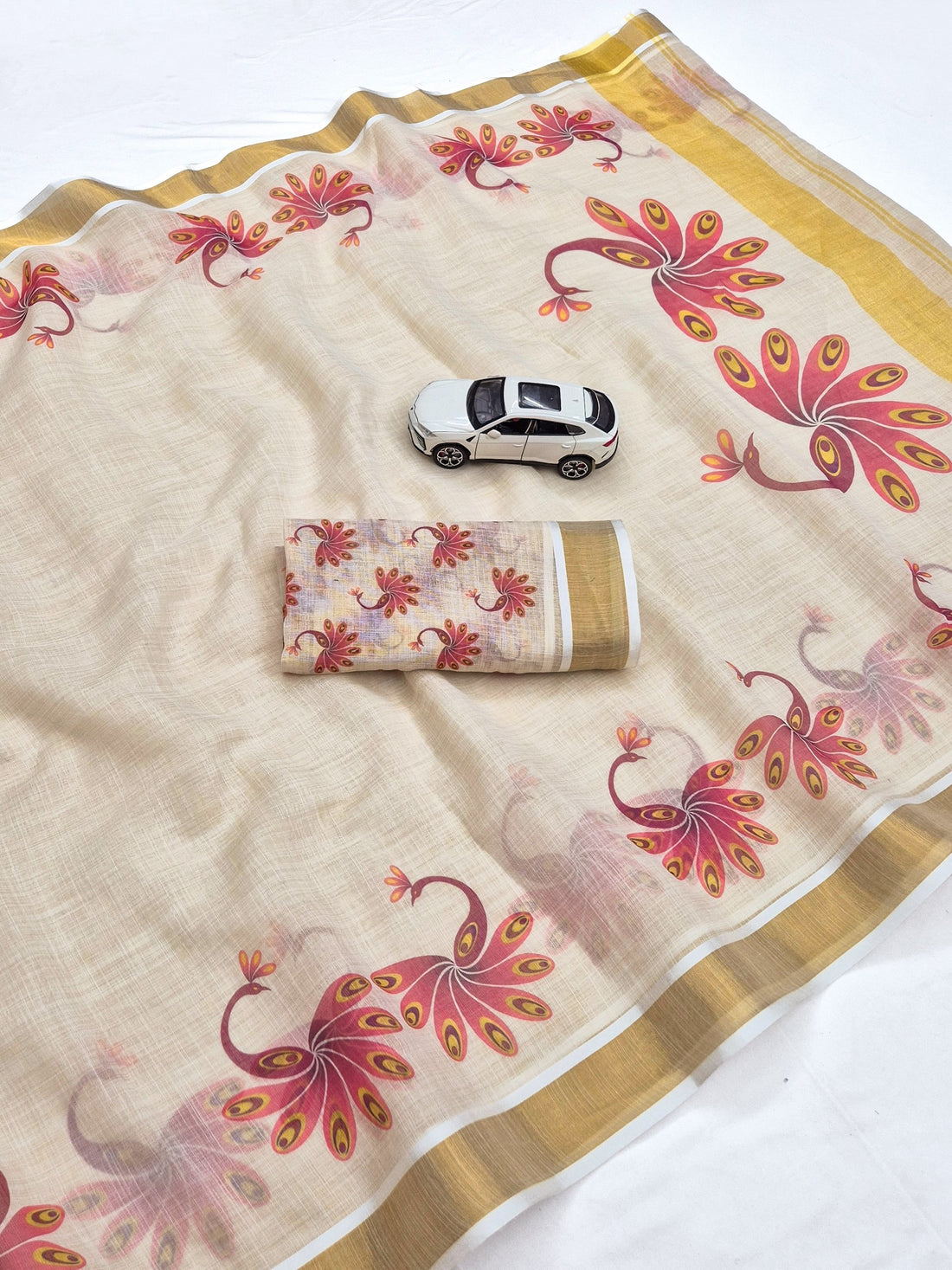 Rose Pink Linen Floral Print Saree with Zari Border