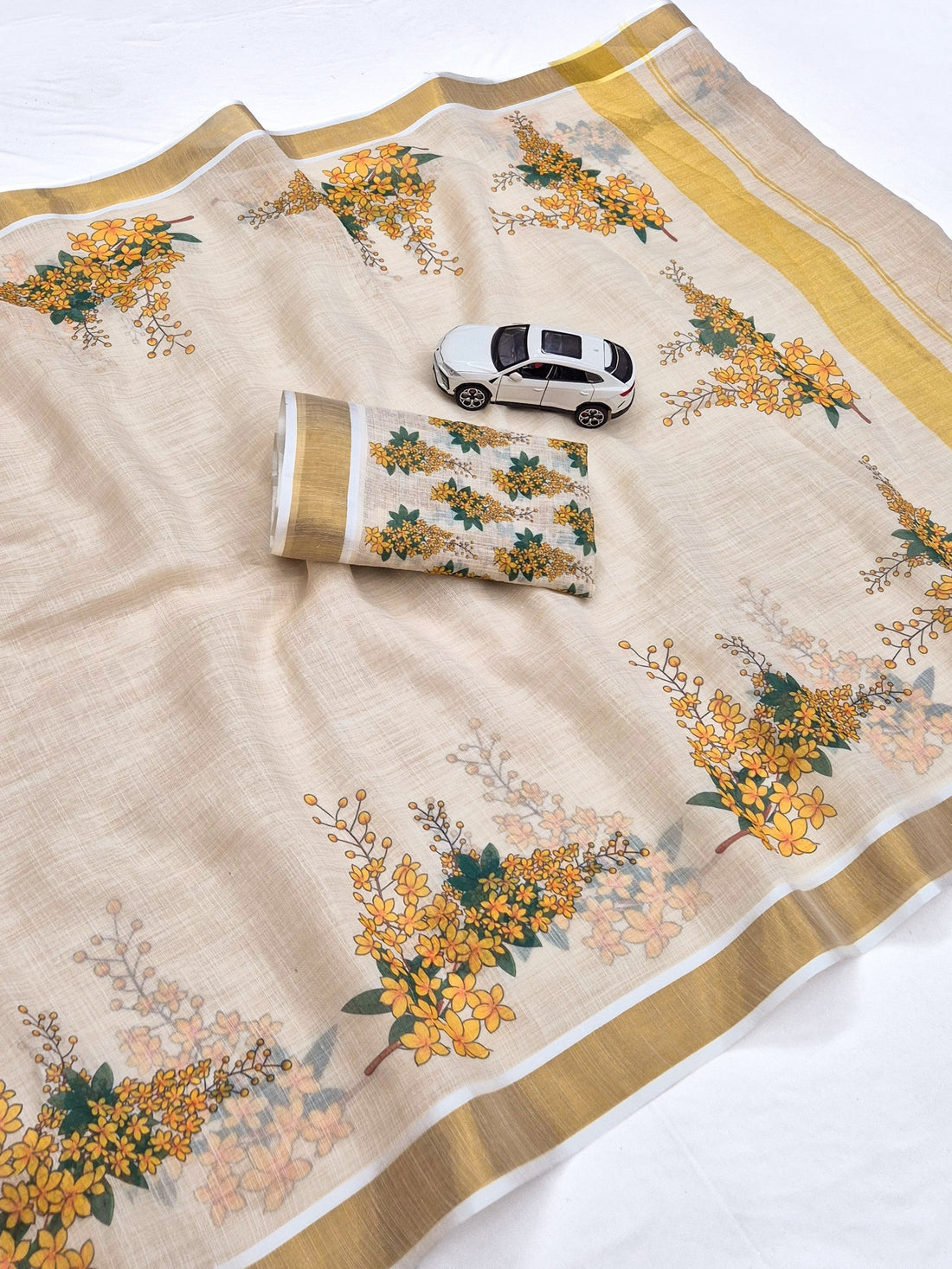 Yellow Linen Floral Print Saree with Zari Border