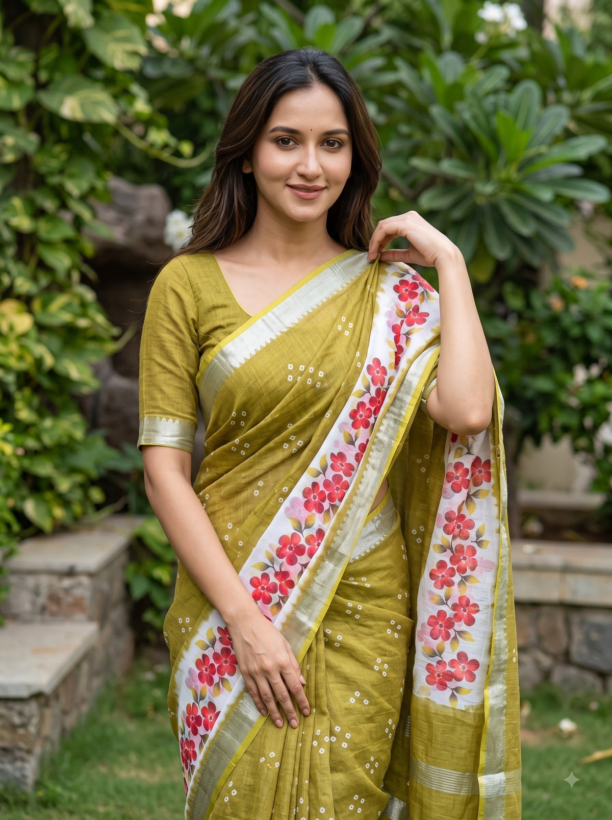 Olive Linen Floral Border Saree, view 3