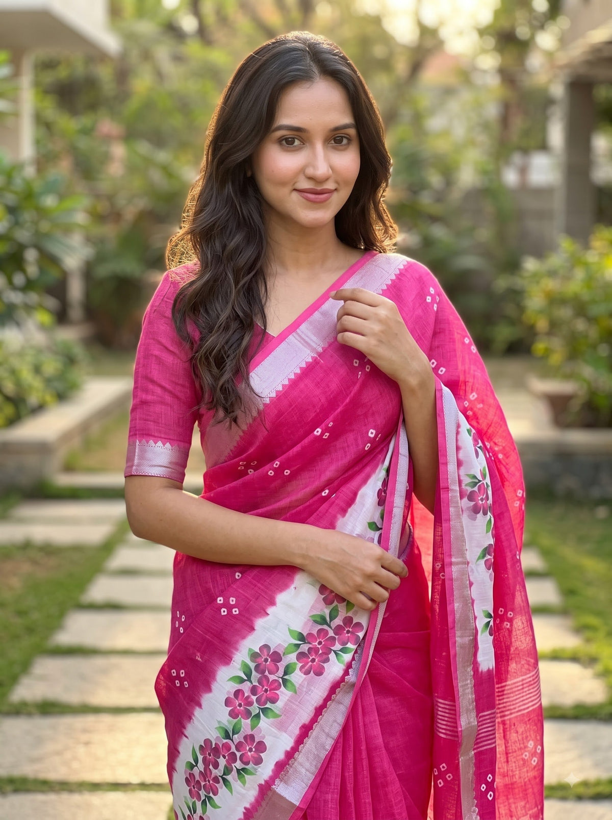 Rani Pink Linen Floral Border Saree, view 3