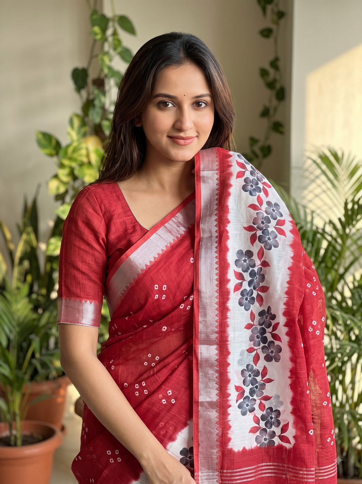 Maroon Linen Floral Border Saree, view 3
