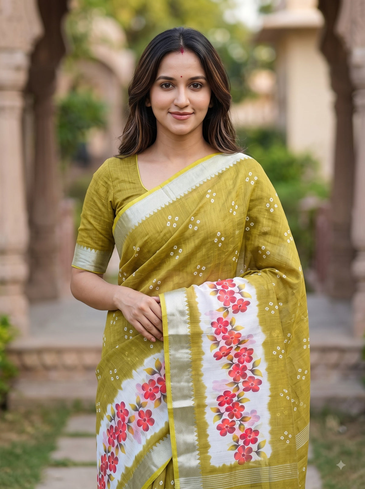 Olive Linen Floral Border Saree, view 4