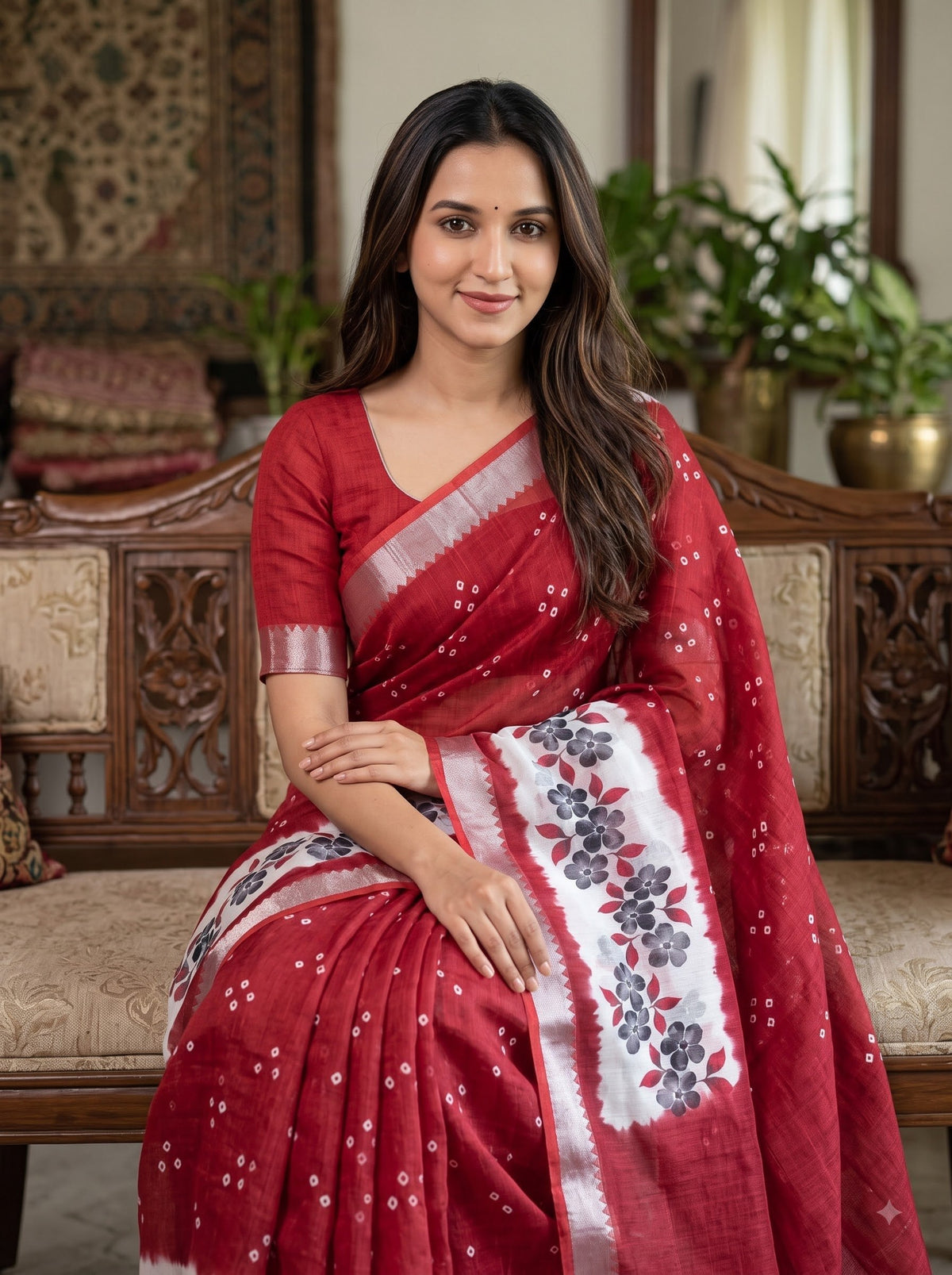 Maroon Linen Floral Border Saree, view 4