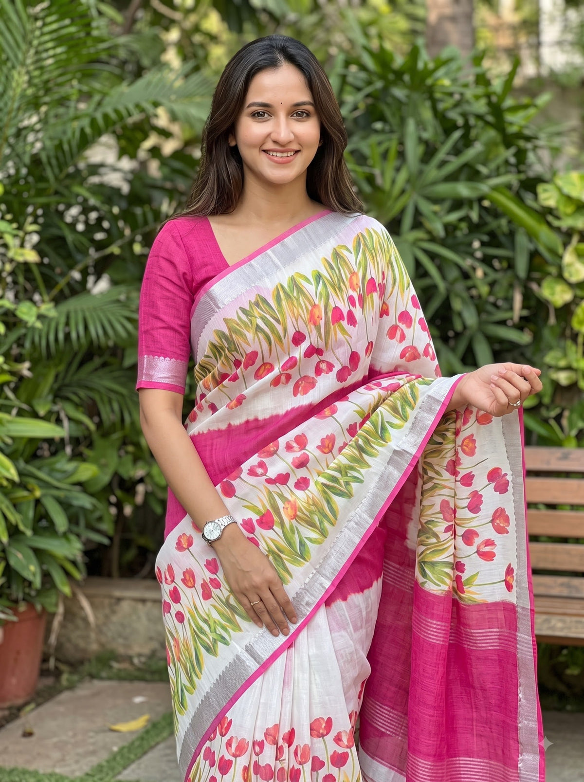 Pink Linen Tulip Print Saree, view 3
