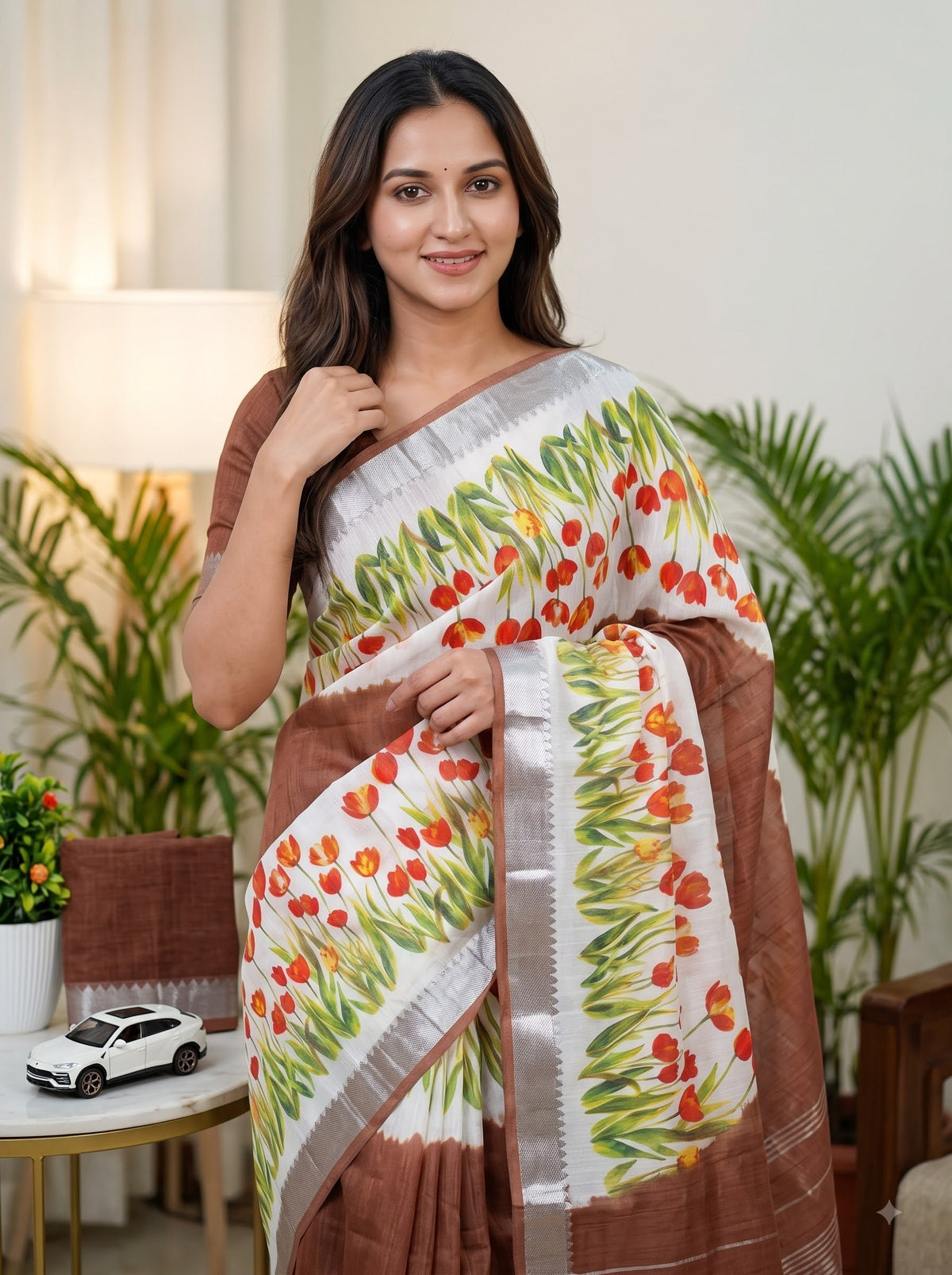 Brown Linen Tulip Print Saree, view 3