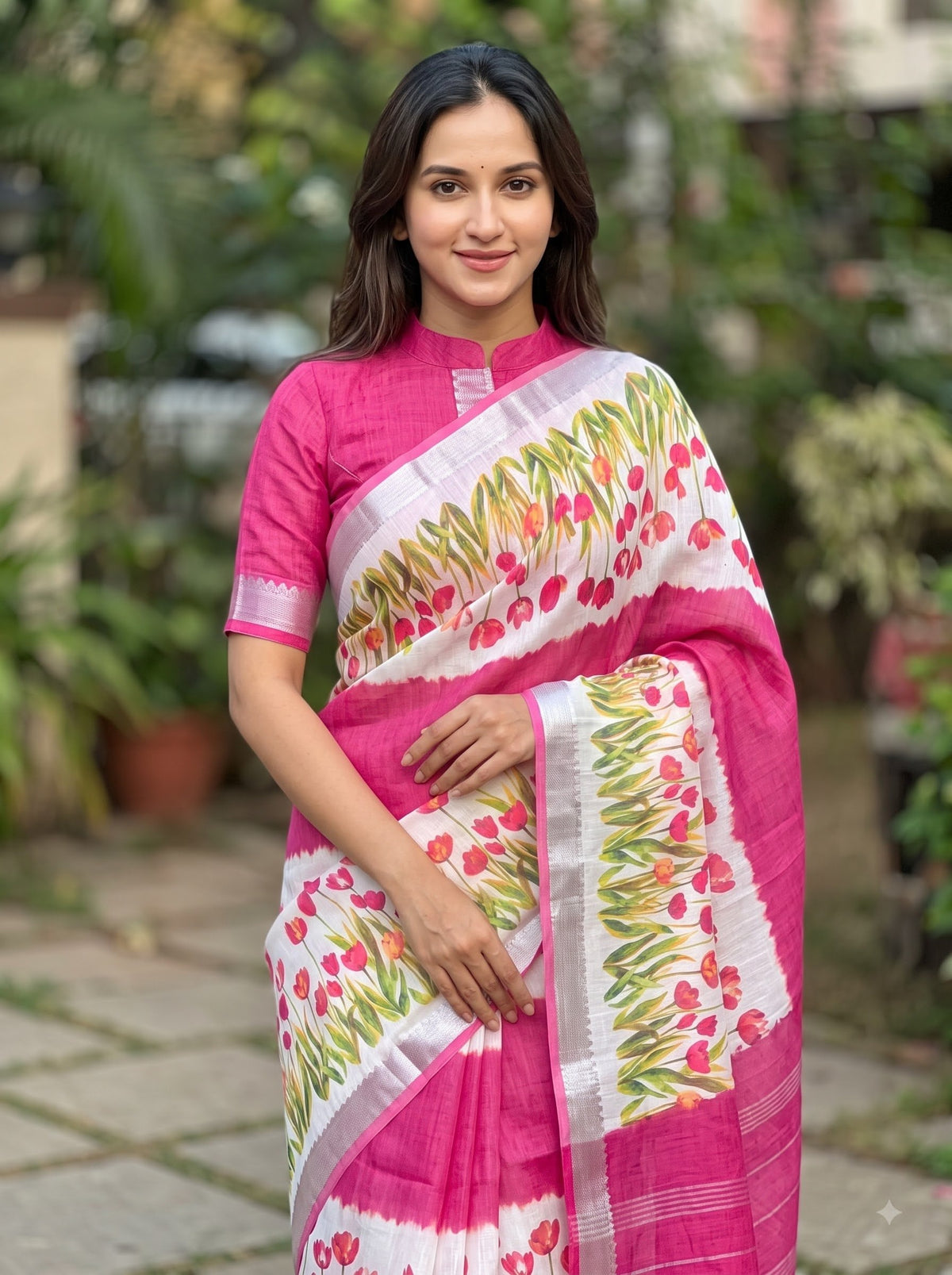 Pink Linen Tulip Print Saree, view 4