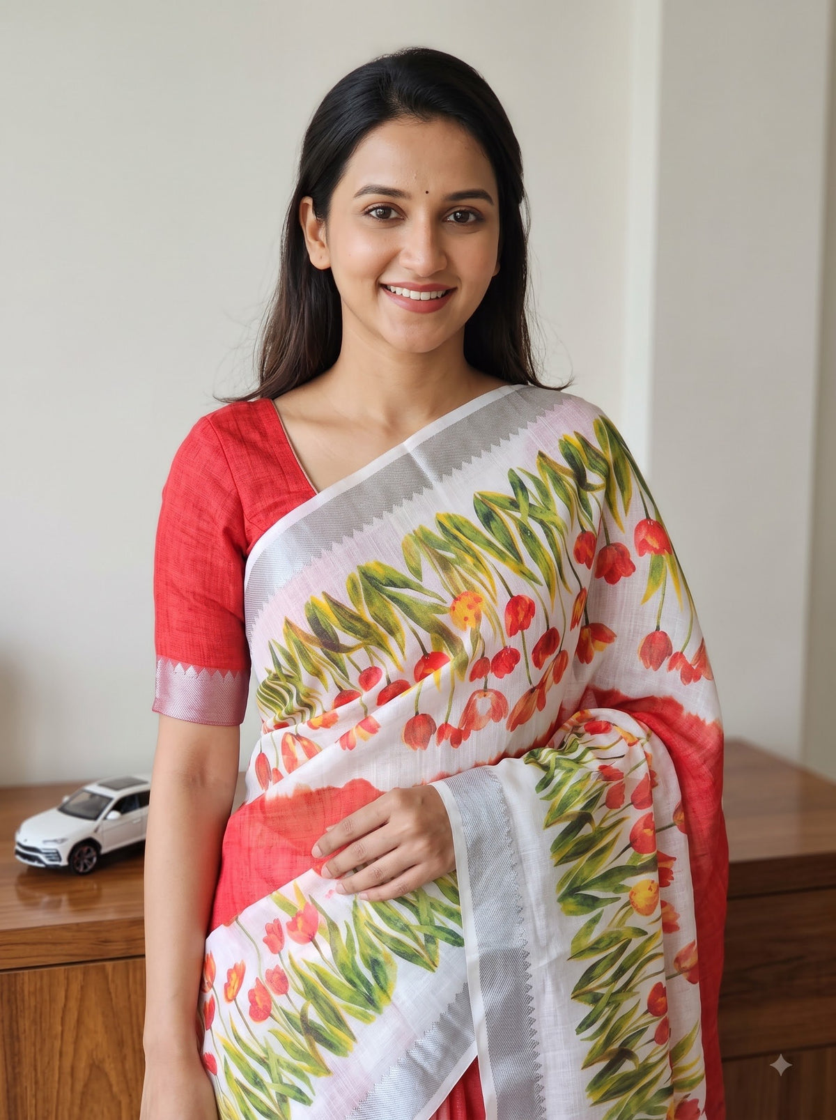 Red Linen Tulip Print Saree, view 3