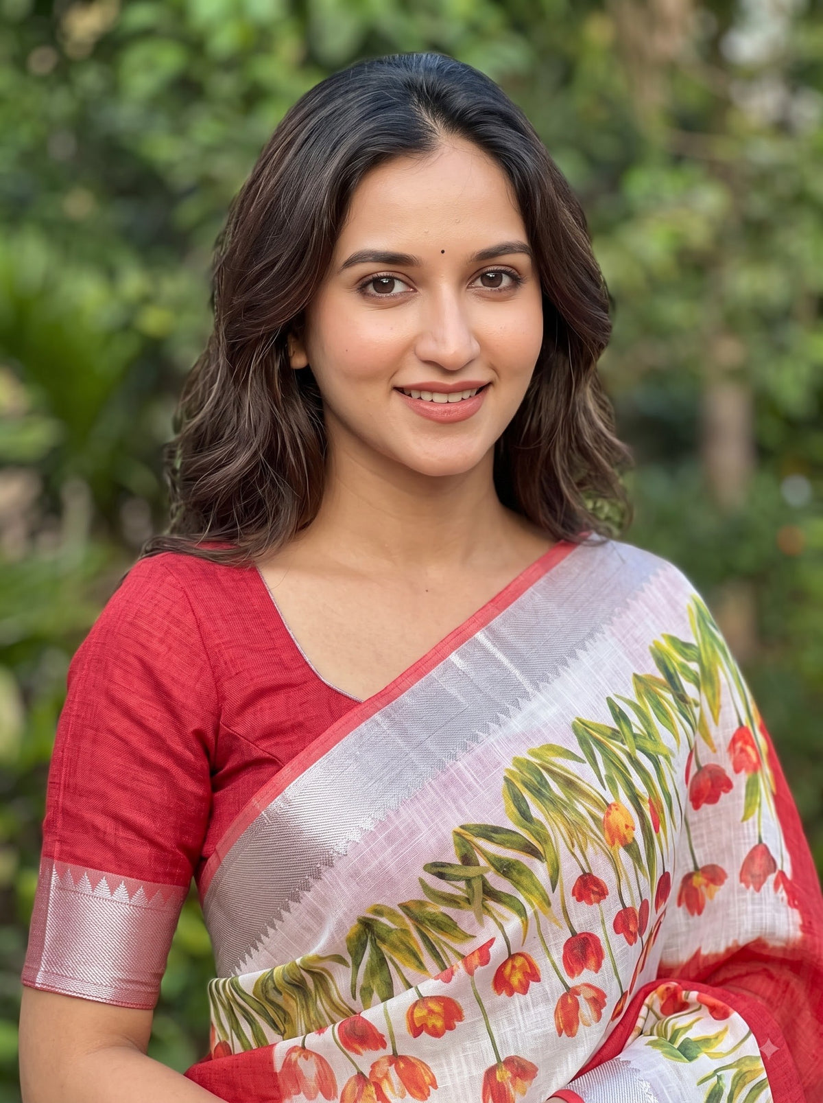 Red Linen Tulip Print Saree, view 4