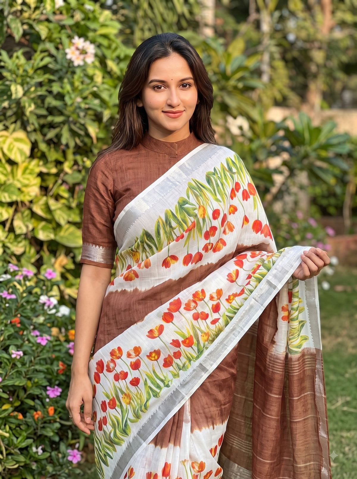 Brown Linen Tulip Print Saree, view 4