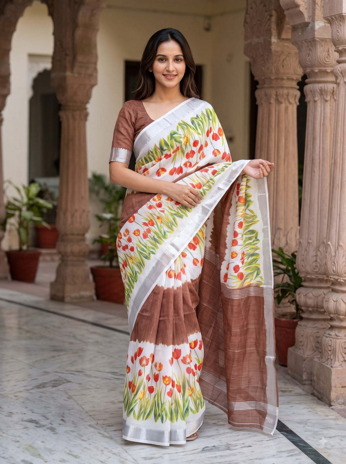 Brown Linen Tulip Print Saree, view 5