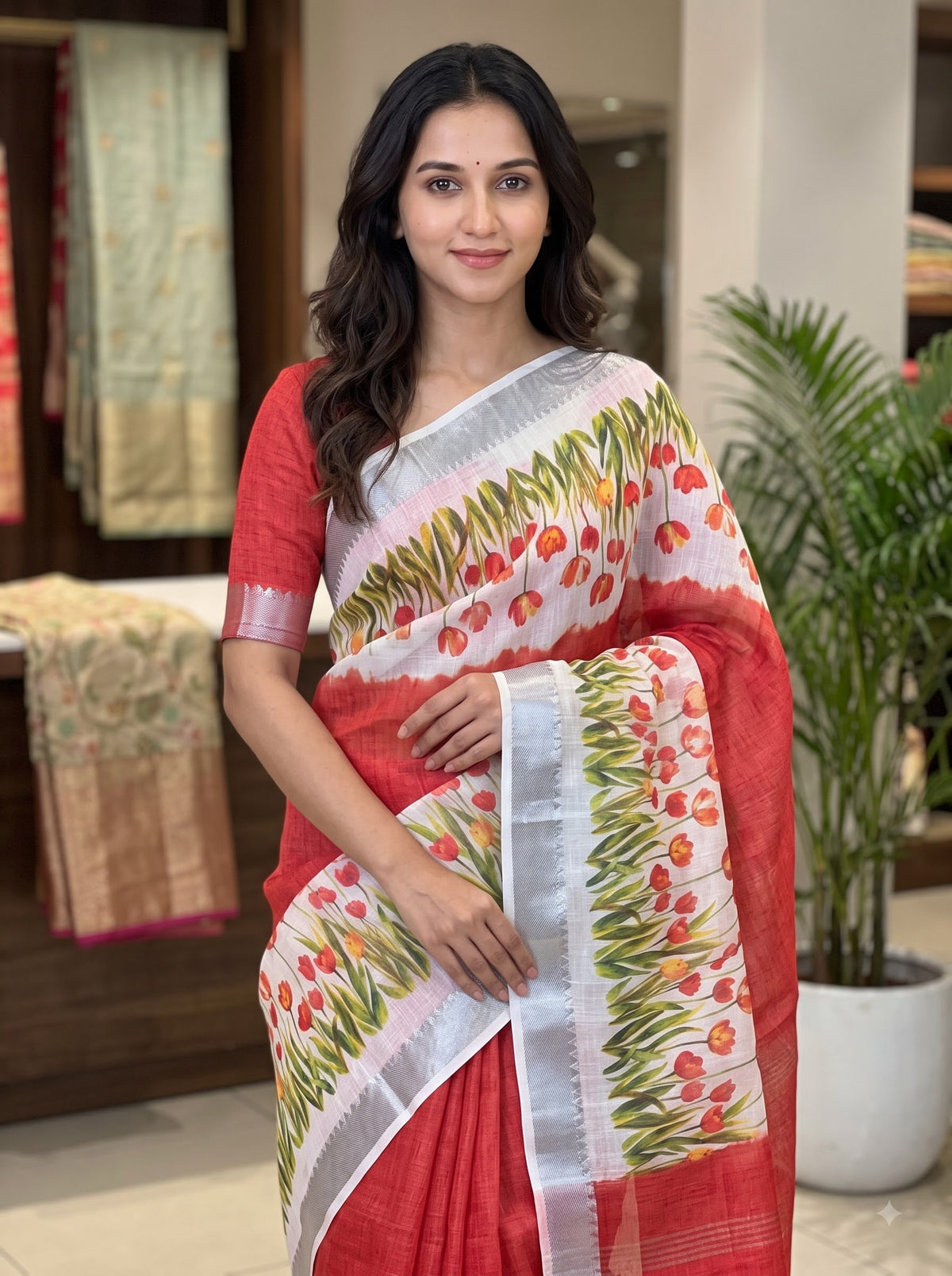 Red Linen Tulip Print Saree, view 5