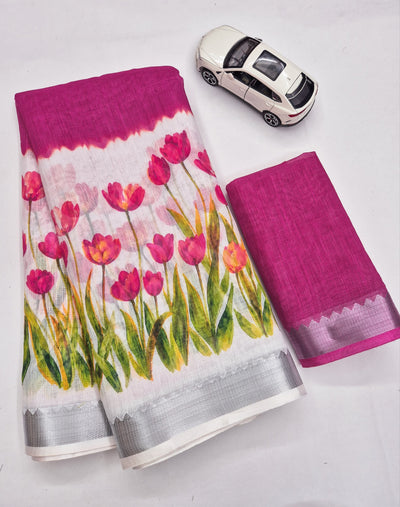 Pink Linen Tulip Print Saree