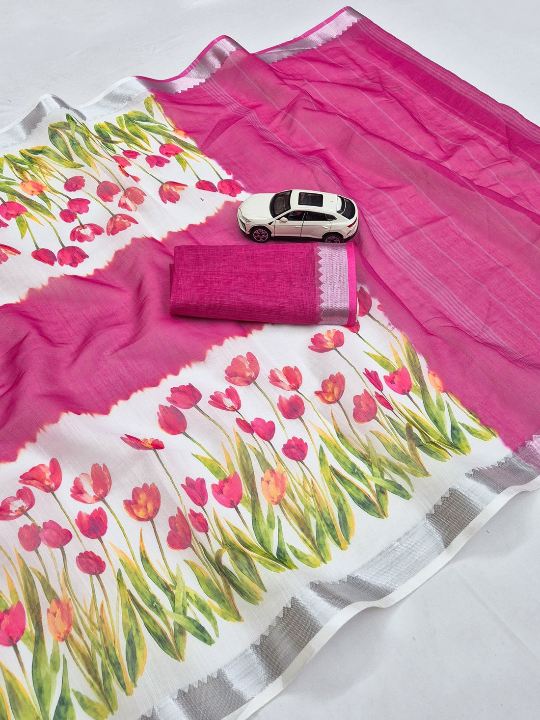 Pink Linen Tulip Print Saree