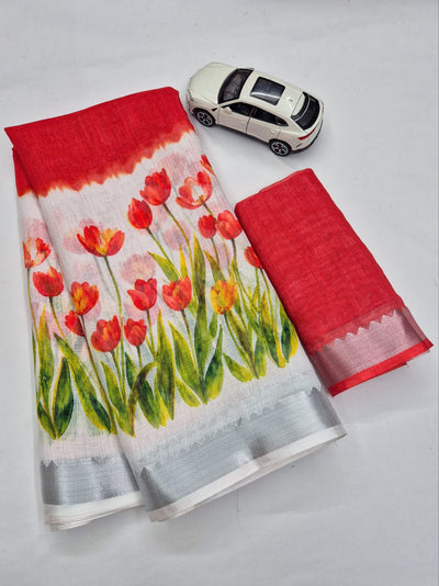 Red Linen Tulip Print Saree