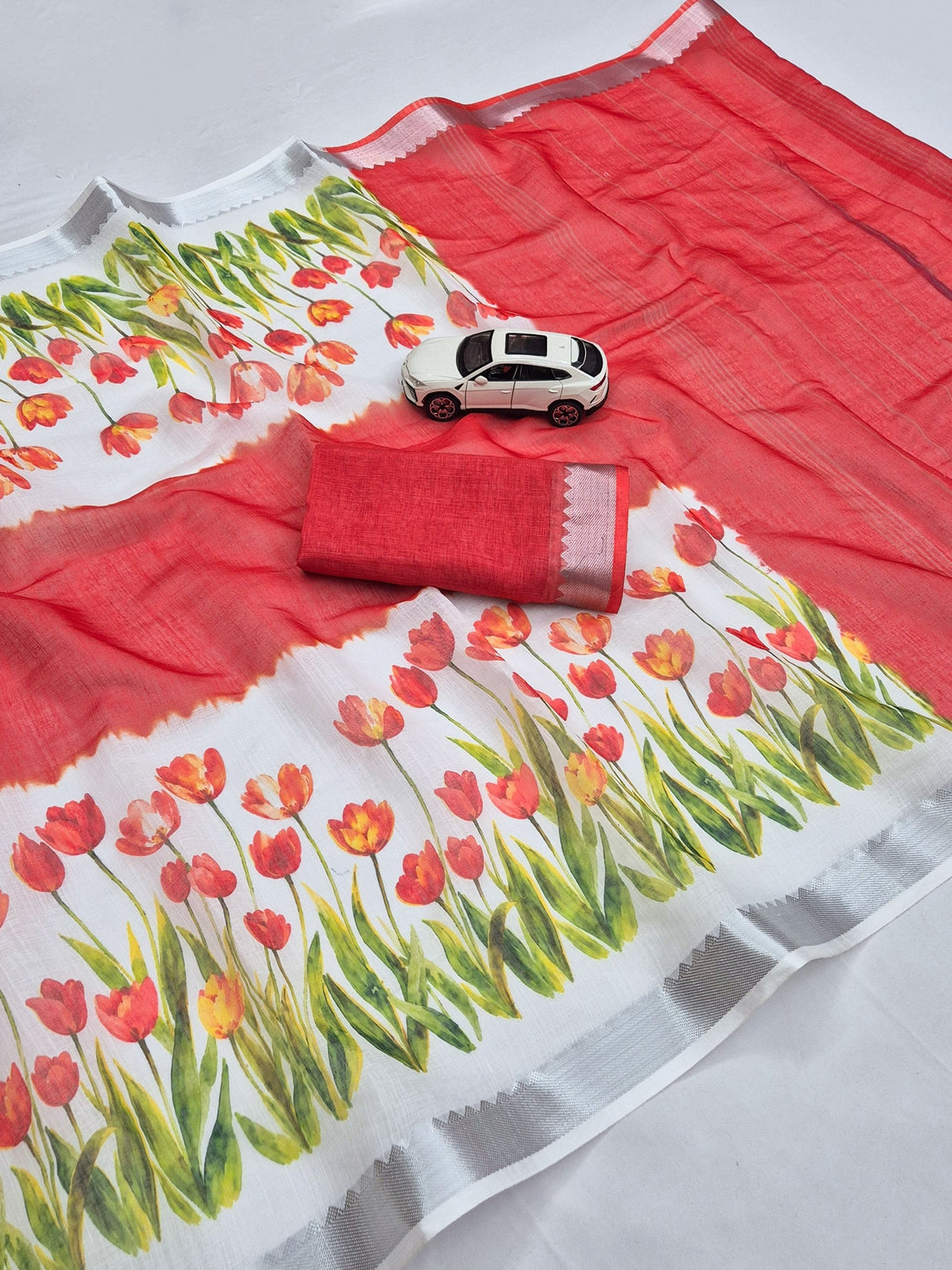 Red Linen Tulip Print Saree