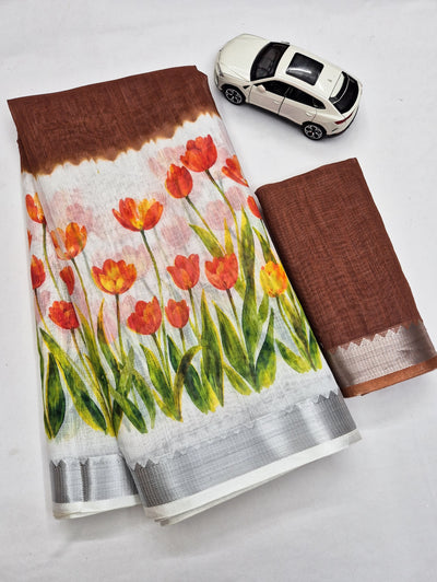 Brown Linen Tulip Print Saree