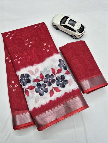 Maroon Linen Floral Border Saree