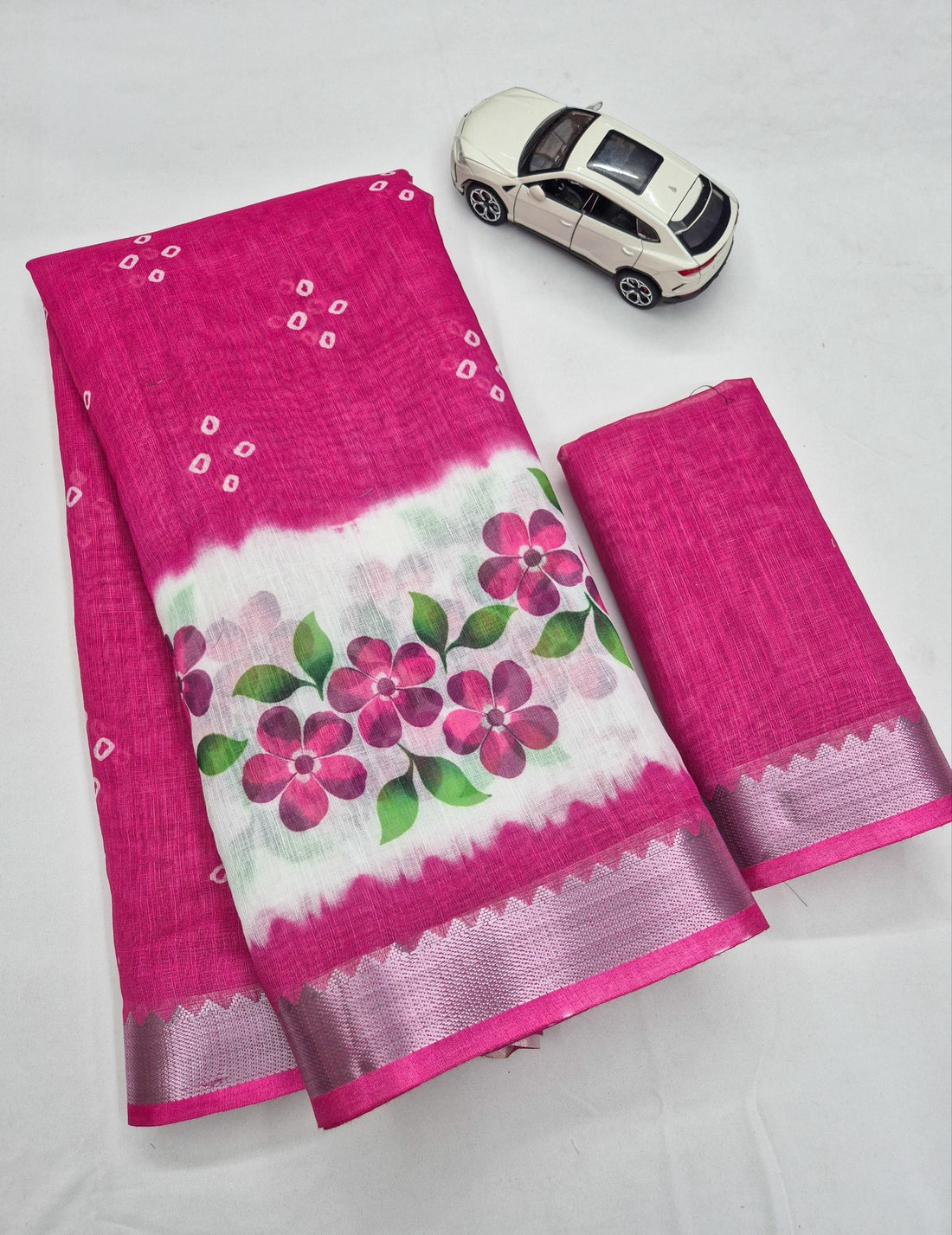 Rani Pink Linen Floral Border Saree