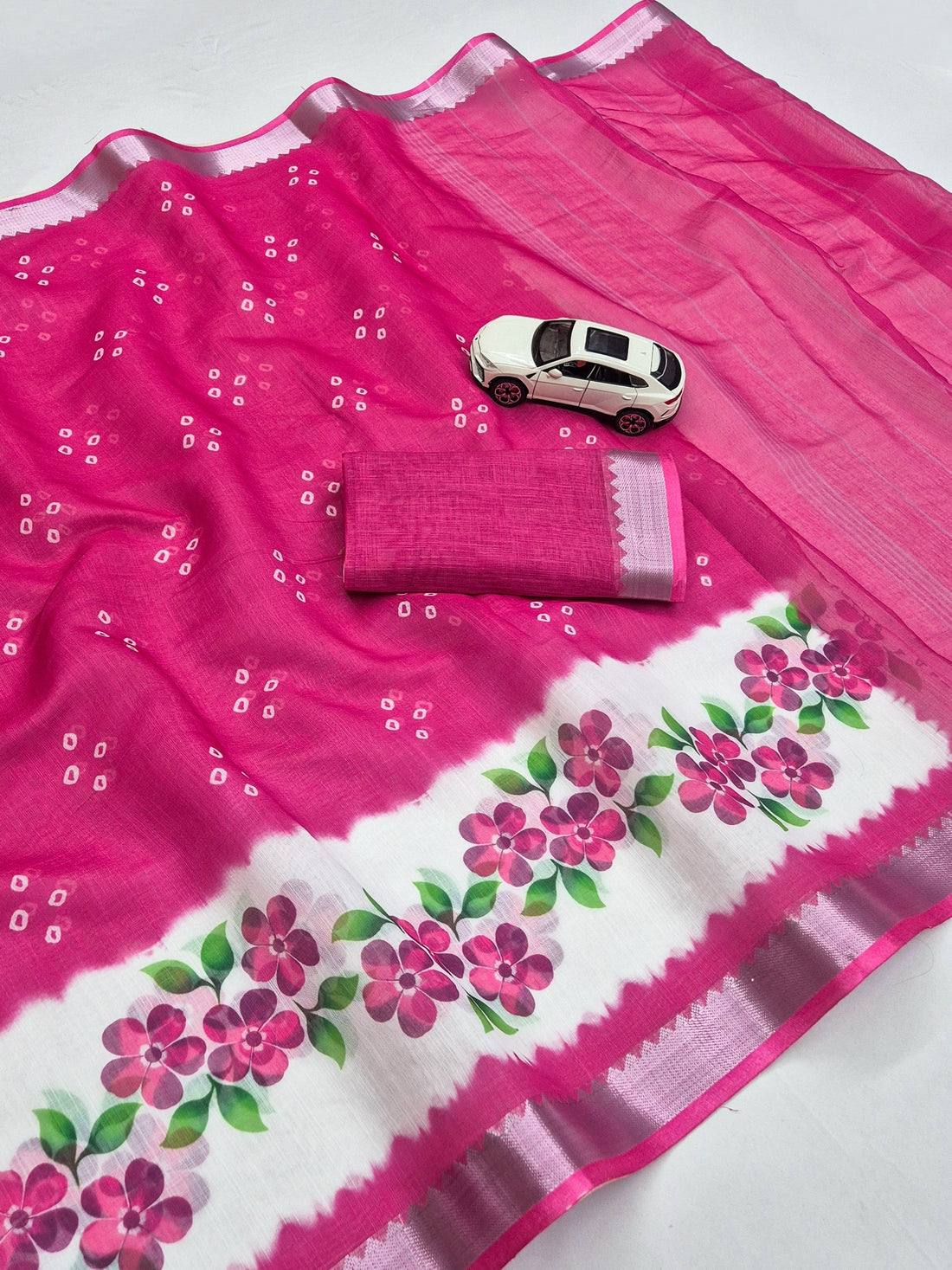 Rani Pink Linen Floral Border Saree