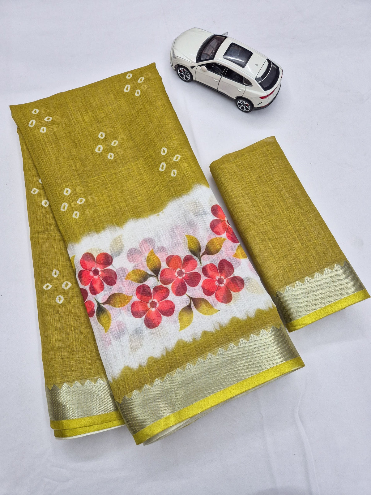 Olive Linen Floral Border Saree