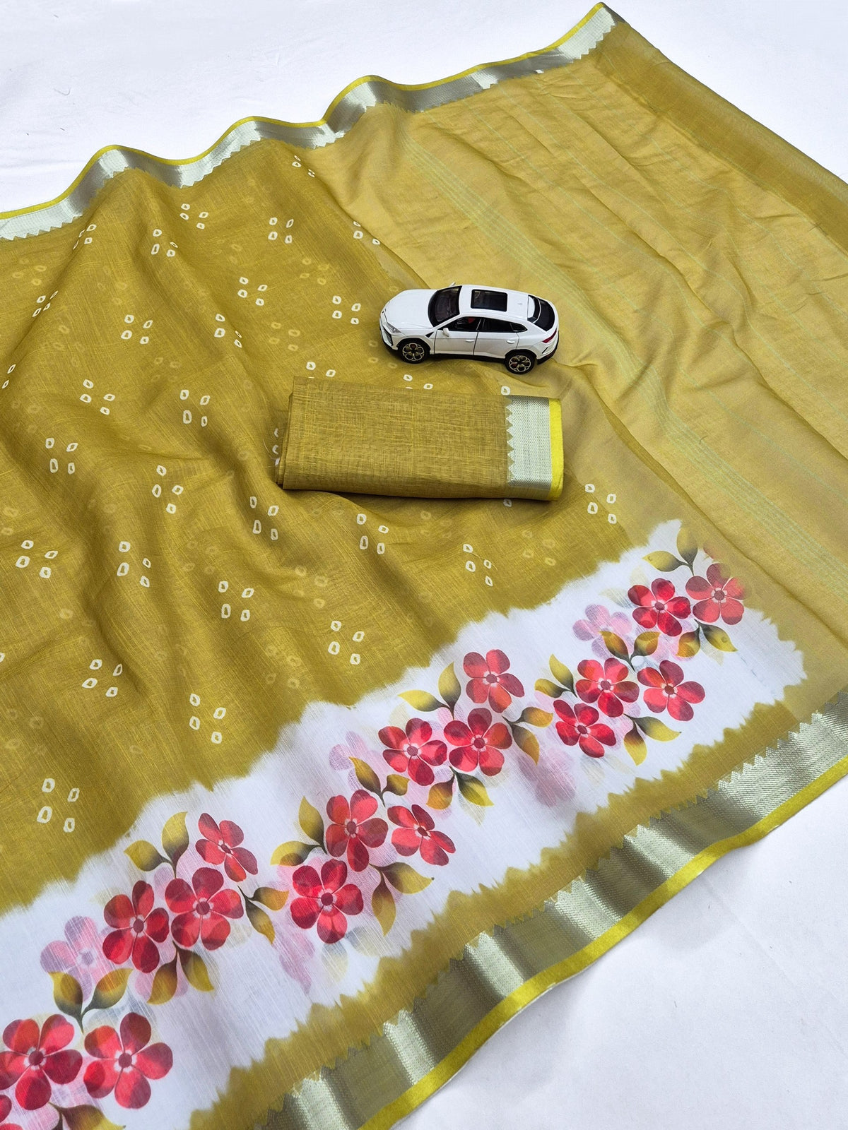 Olive Linen Floral Border Saree, view 2