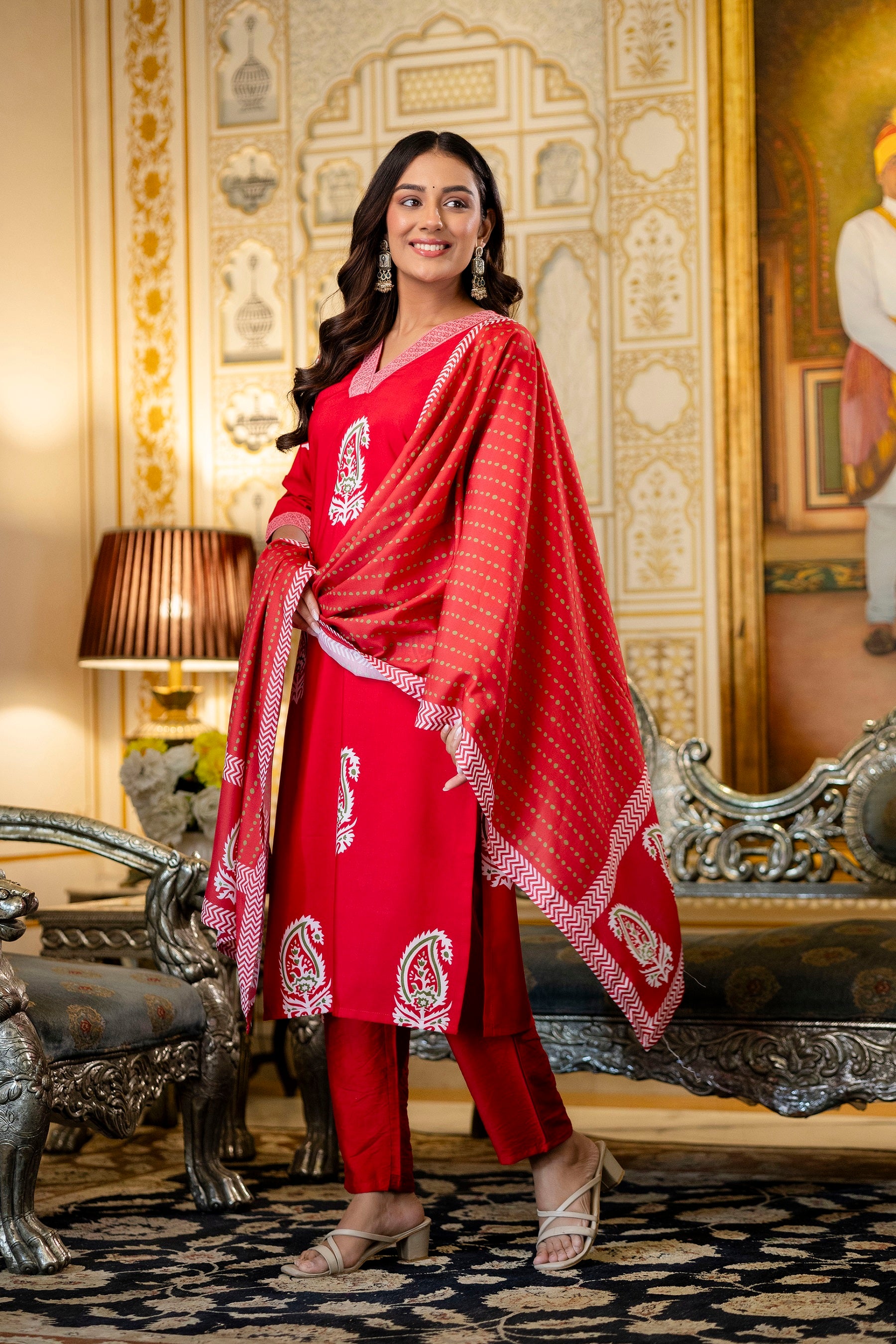 Red Ethnic Outfit Featuring a Kurta With White Paisley Print