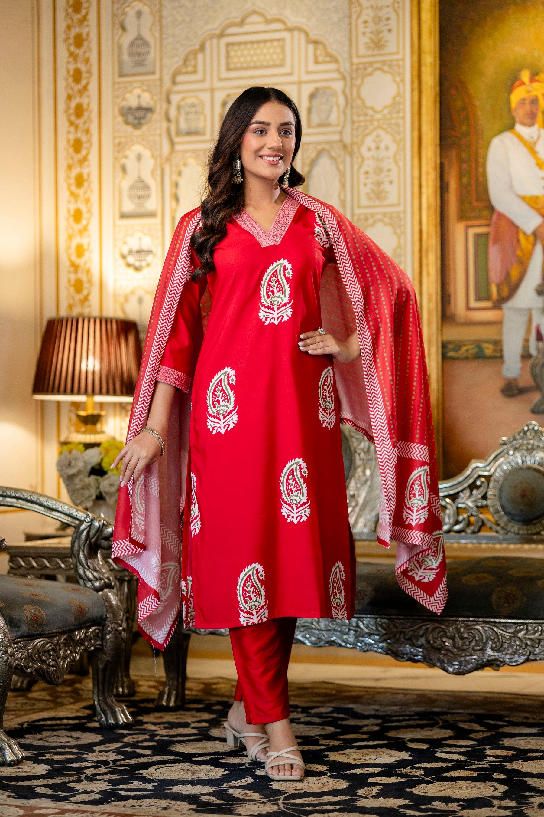 Red Ethnic Outfit Featuring a Kurta With White Paisley Print