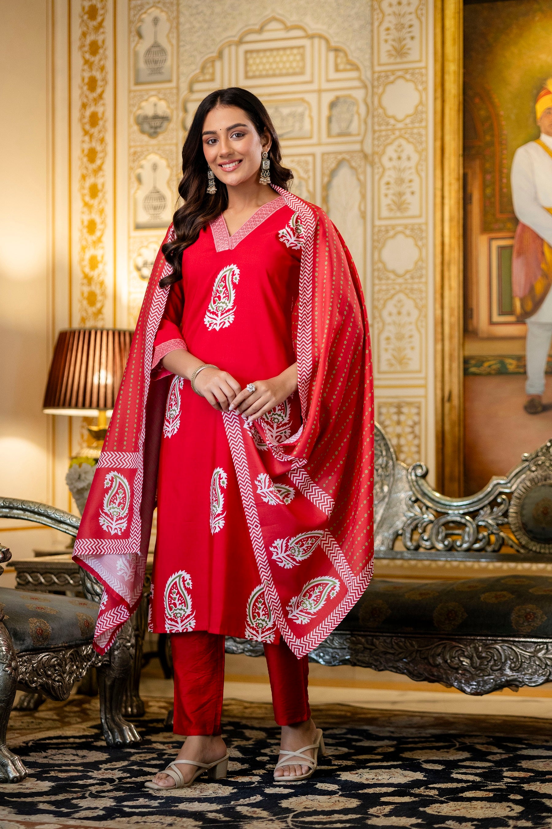 Red Ethnic Outfit Featuring a Kurta With White Paisley Print