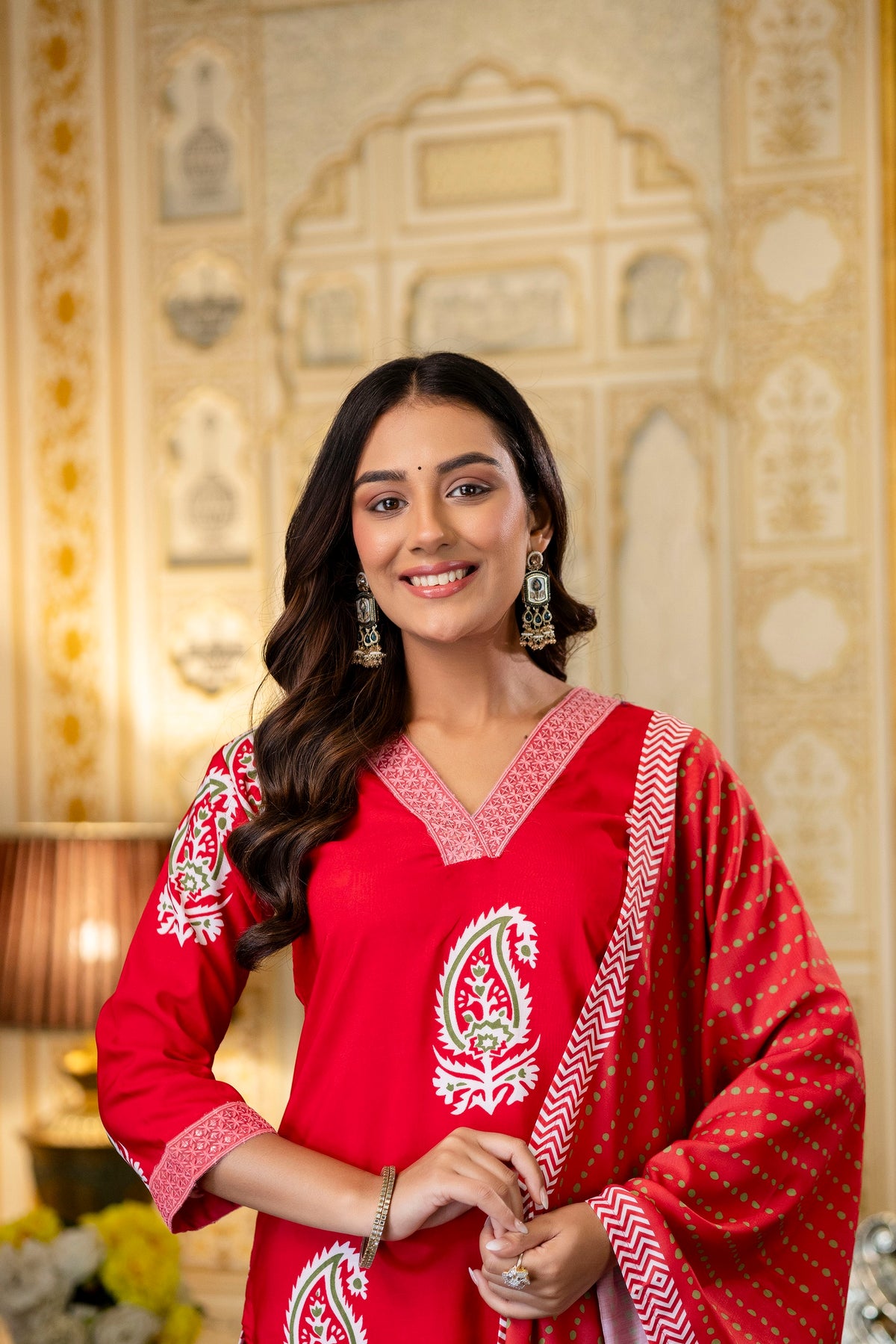 Red Paisley Print Kurta Set
