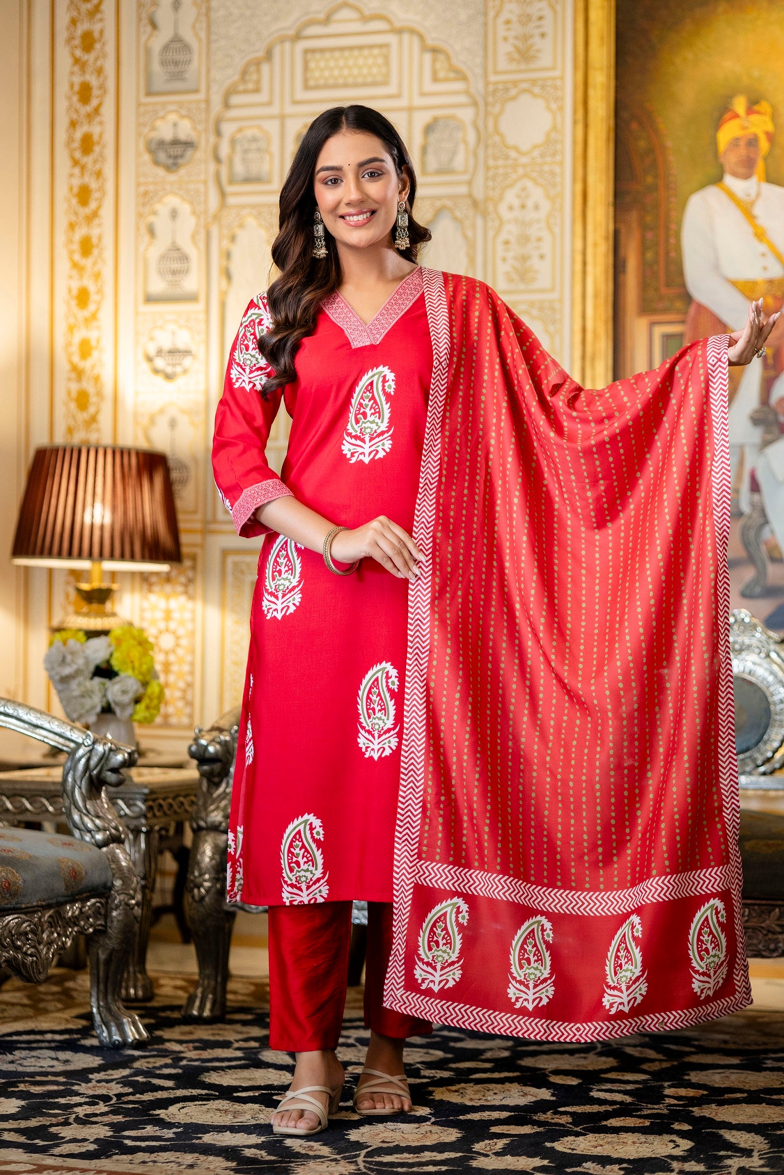 Red Ethnic Outfit Featuring a Kurta With White Paisley Print