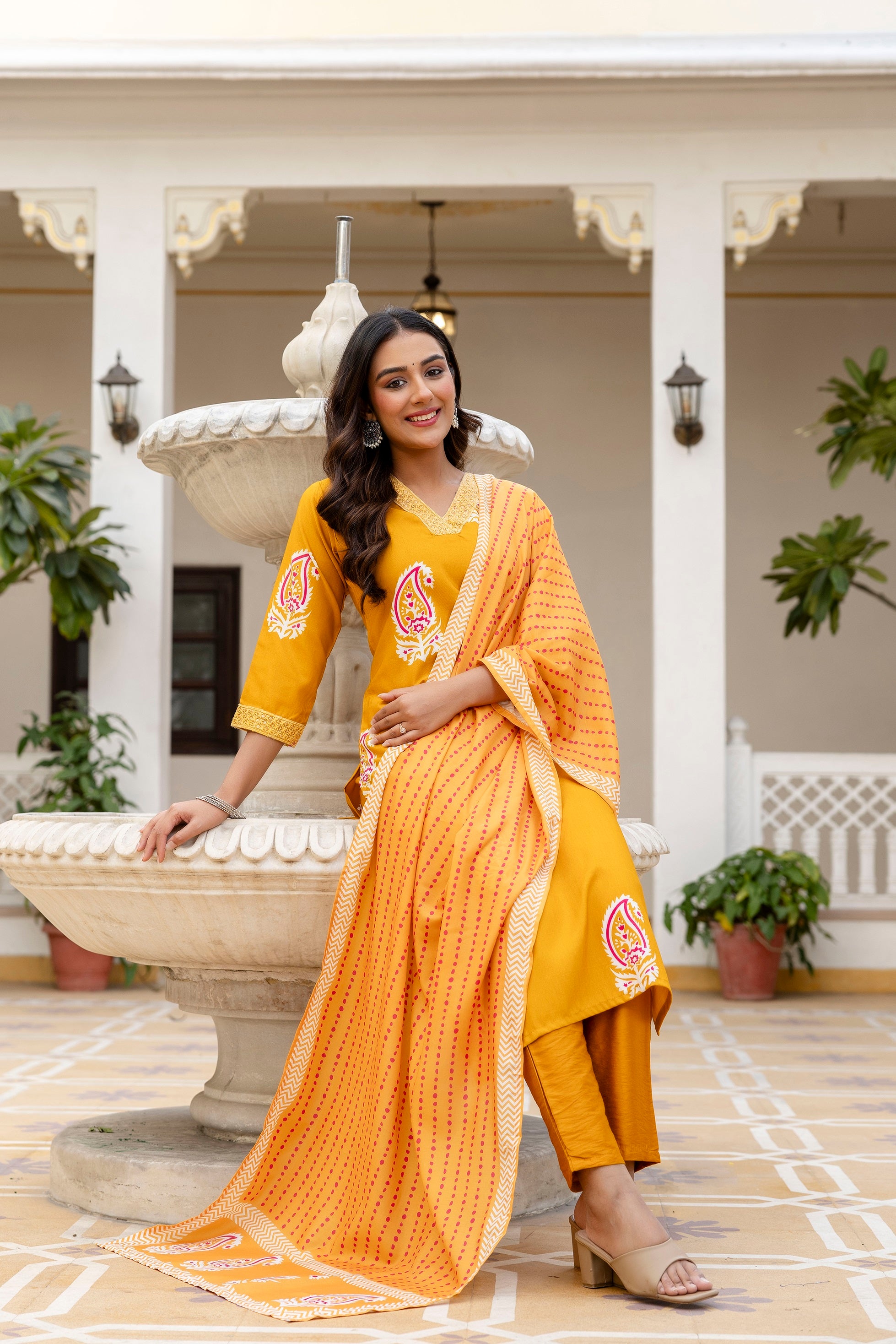 Mustard Yellow  Ethnic Outfit Featuring a Kurta With White and Pink Paisley Print