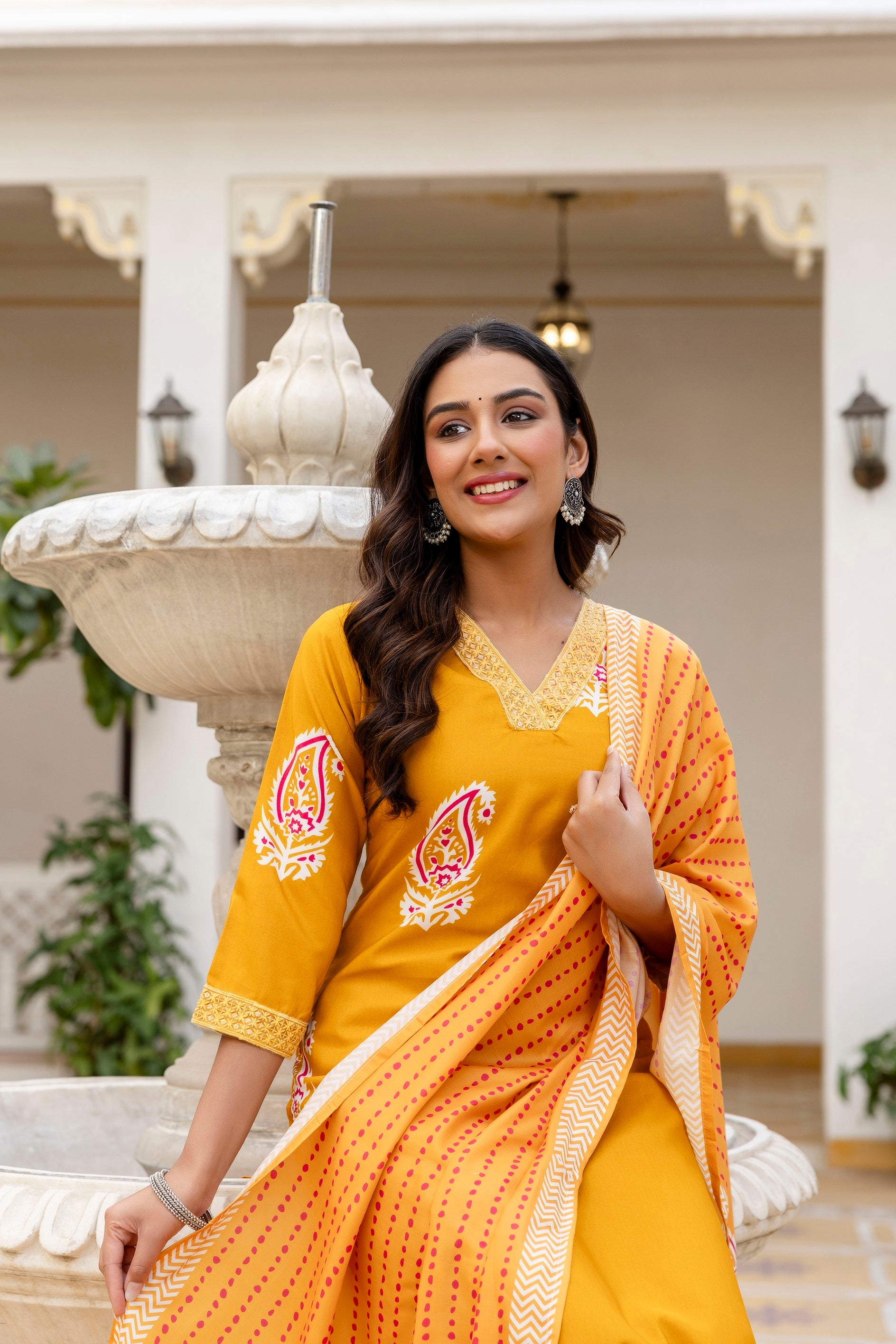 Mustard Yellow  Ethnic Outfit Featuring a Kurta With White and Pink Paisley Print
