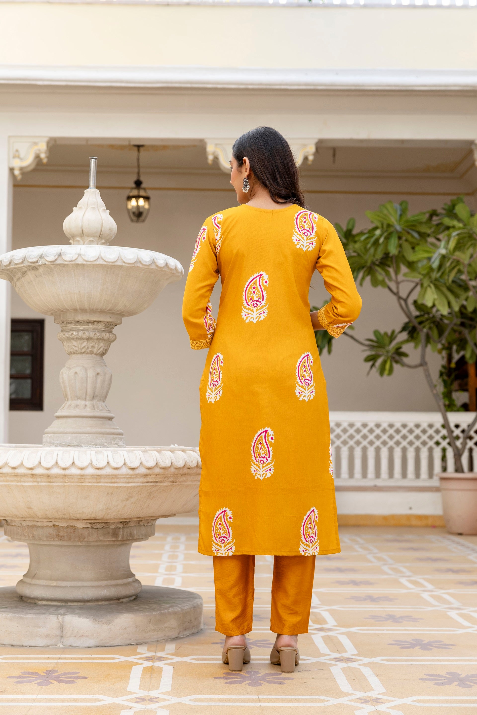 Mustard Yellow  Ethnic Outfit Featuring a Kurta With White and Pink Paisley Print