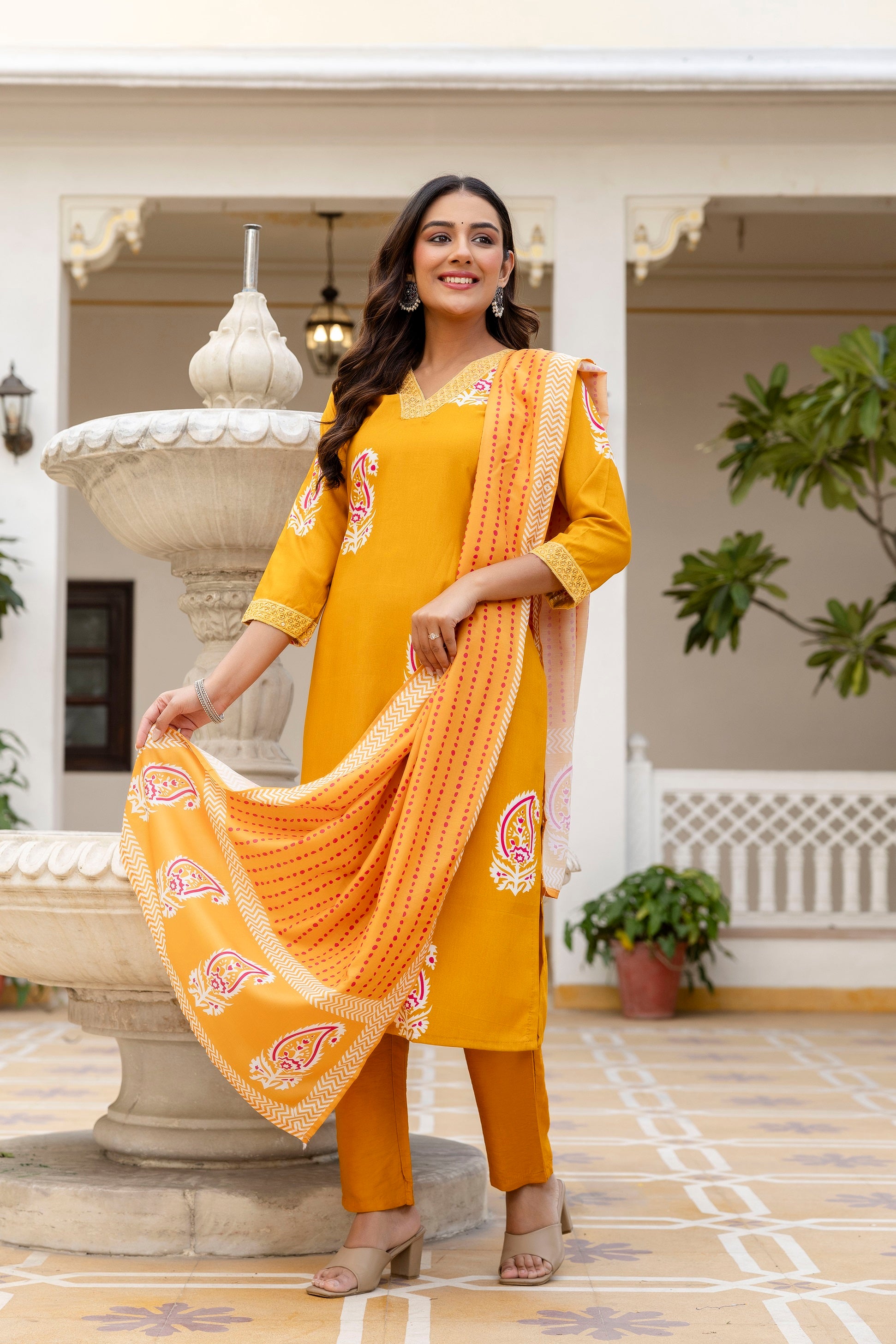 Mustard Yellow  Ethnic Outfit Featuring a Kurta With White and Pink Paisley Print